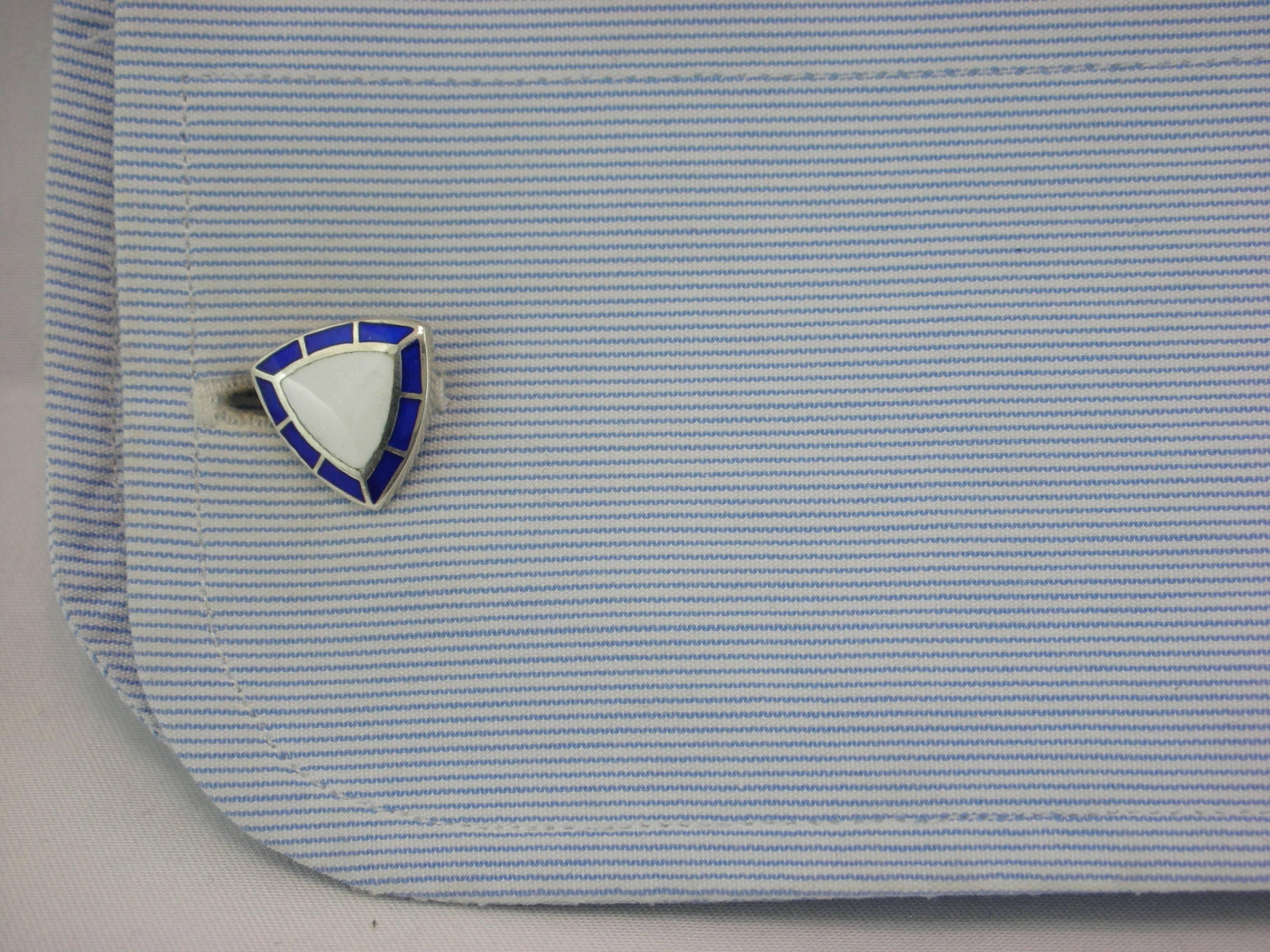Alex Jona design collection, hand crafted in Italy, rhodium plated sterling silver  cufflinks with blue and white enamel. Marked 