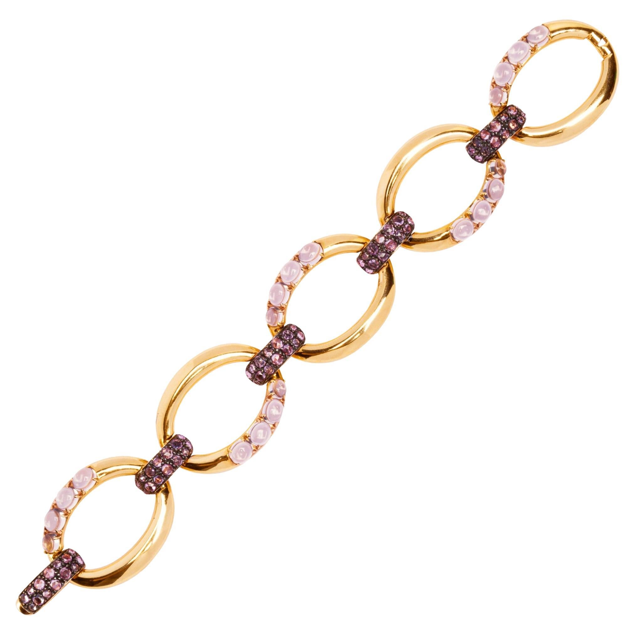 Alex Jona Pink Sapphire Moonstone 18 Karat Rose Gold Link Bracelet For Sale