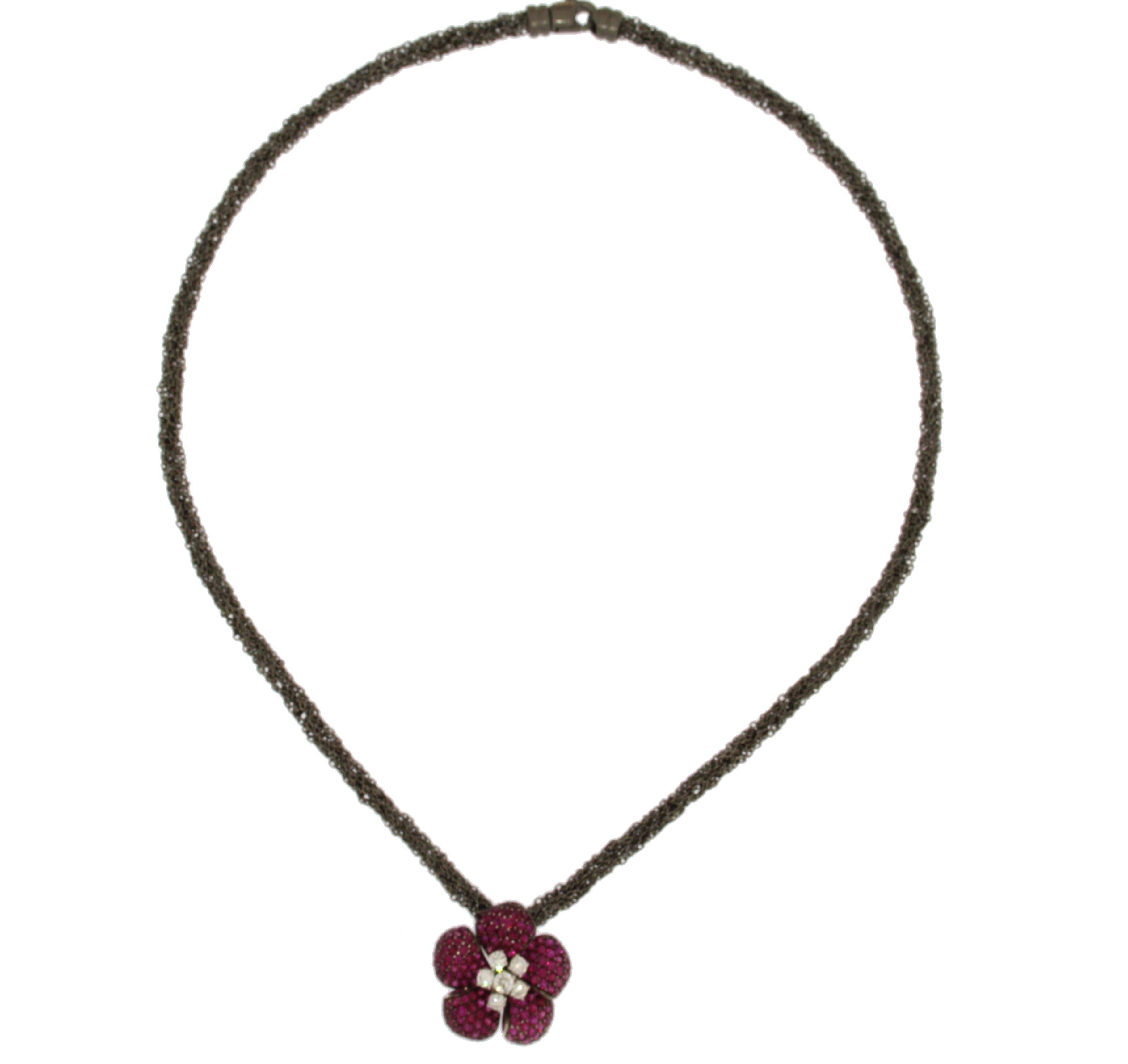 Jona Ruby White Diamond 18 Karat Gold Flower Pendant on Silver Chain Necklace 1
