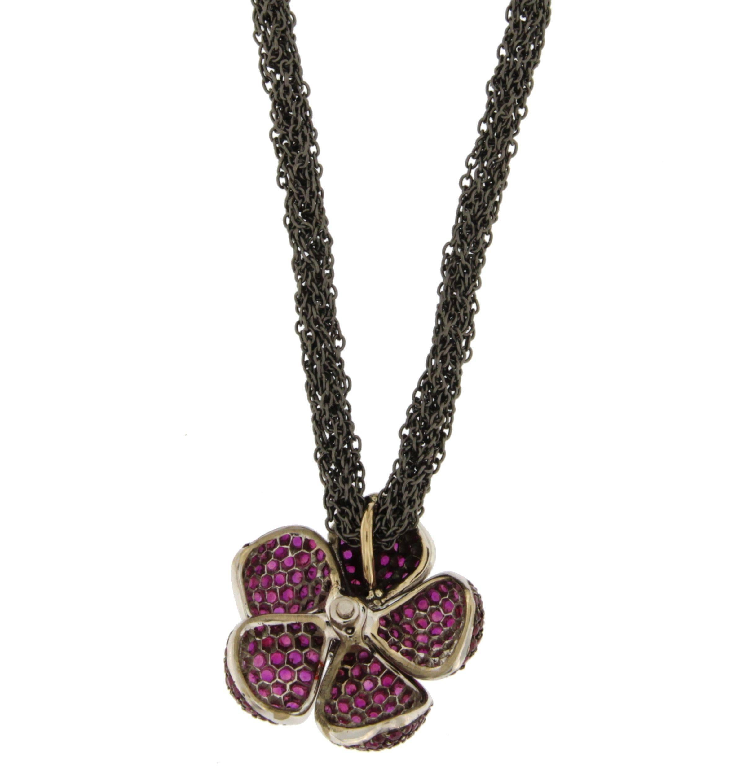 Women's Jona Ruby White Diamond 18 Karat Gold Flower Pendant on Silver Chain Necklace