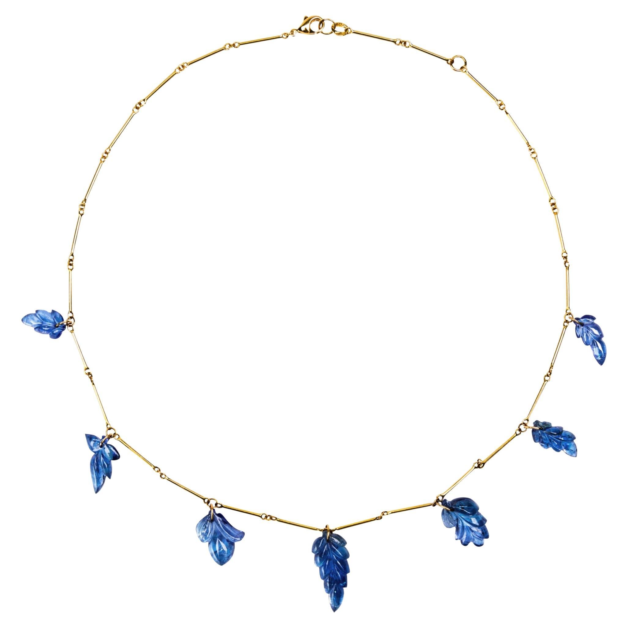 Alex Jona Carved Tanzanite Leaves Yellow Gold Link Necklace For Sale