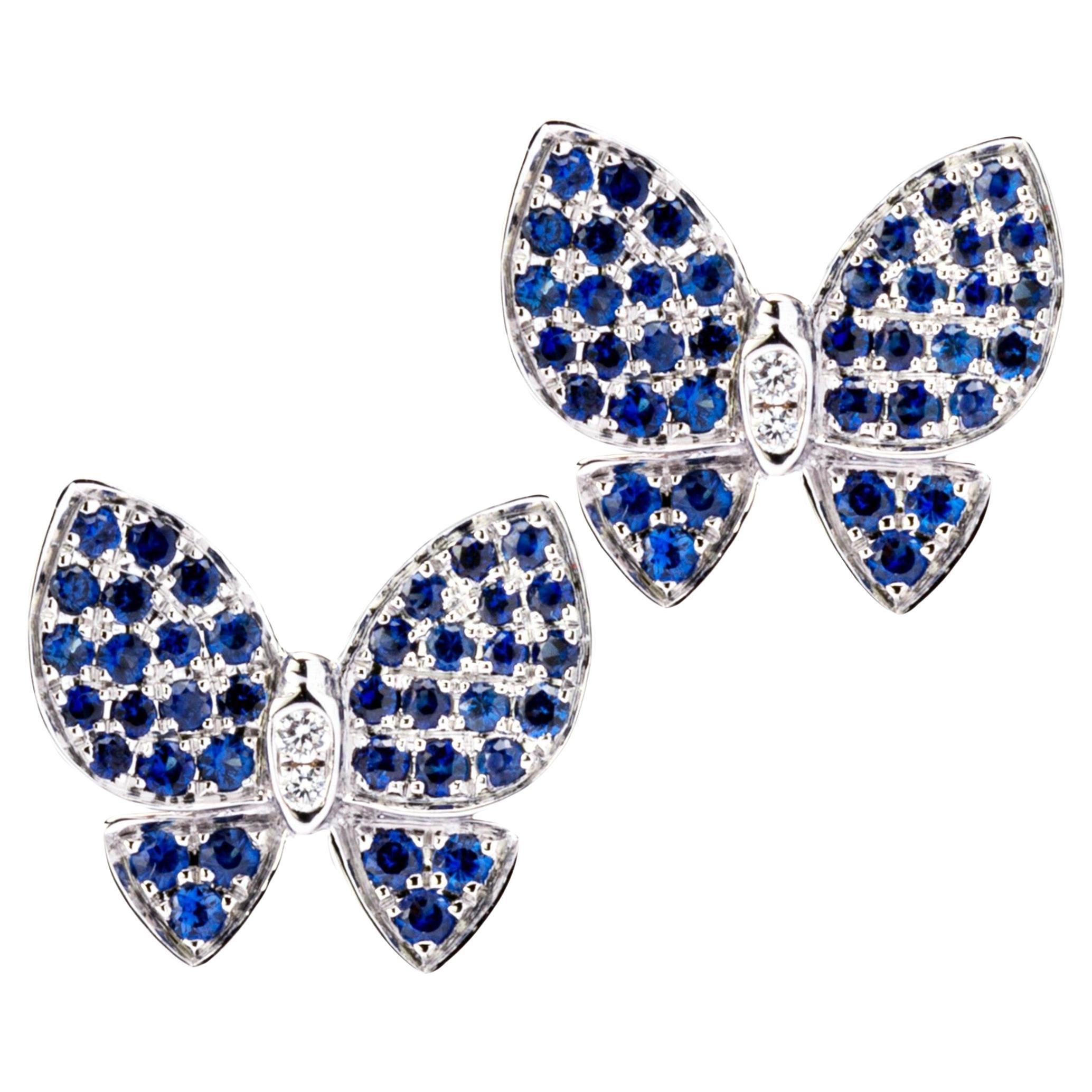 Alex Jona Blue Sapphire White Diamond 18karat White Gold Butterfly Stud Earrings For Sale