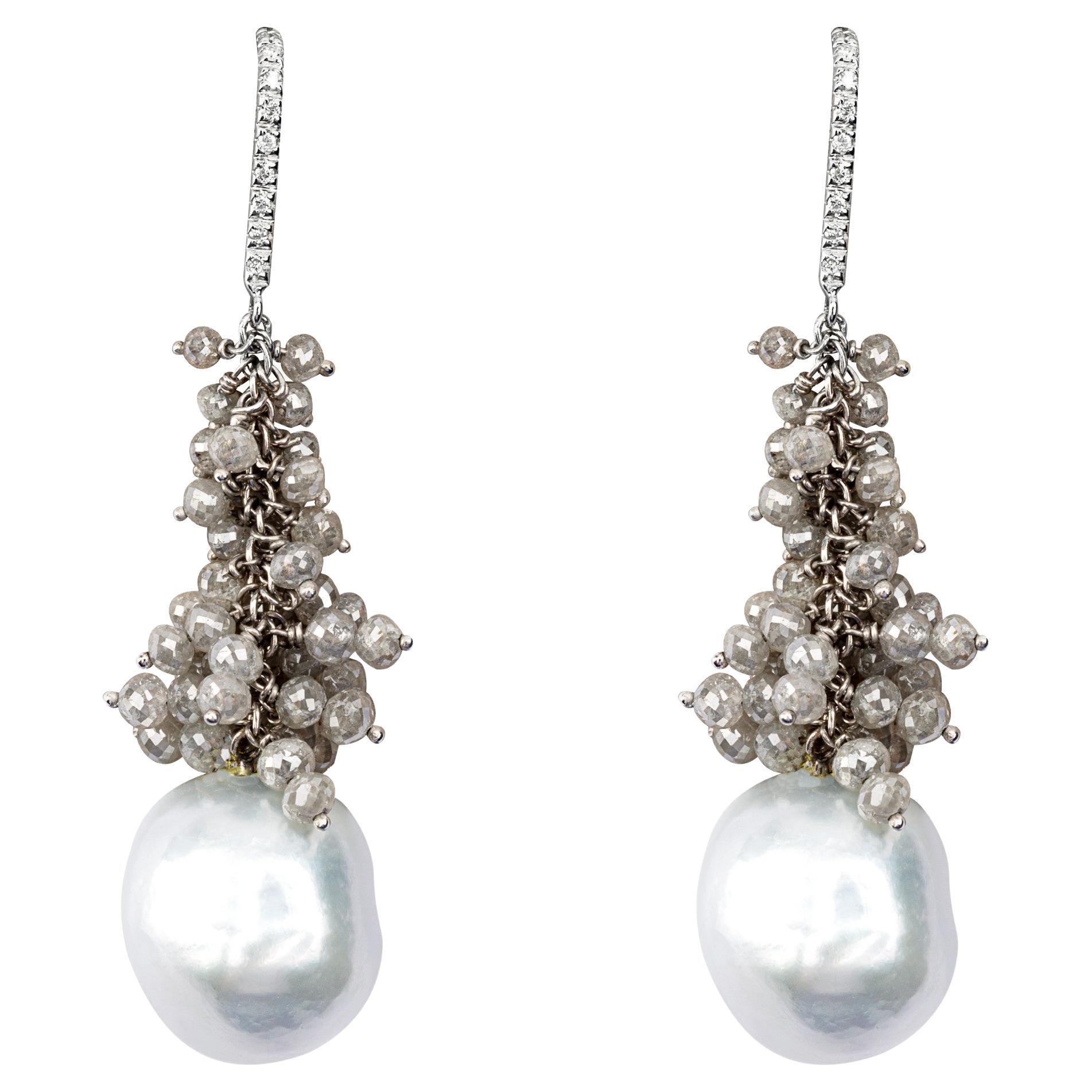 Alex Jona Baroque Tahiti Pearl Ice Diamond 18 Karat White Gold Dangle Earrings For Sale