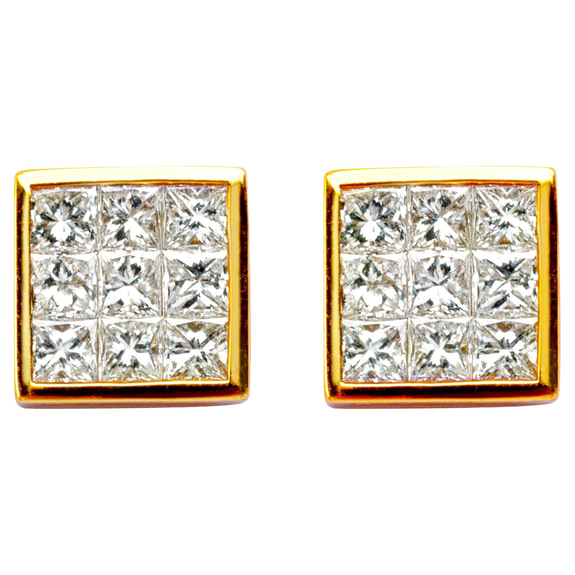 Alex Jona Invisible-Set White Diamond 18 Karat Yellow Gold Stud Earrings For Sale
