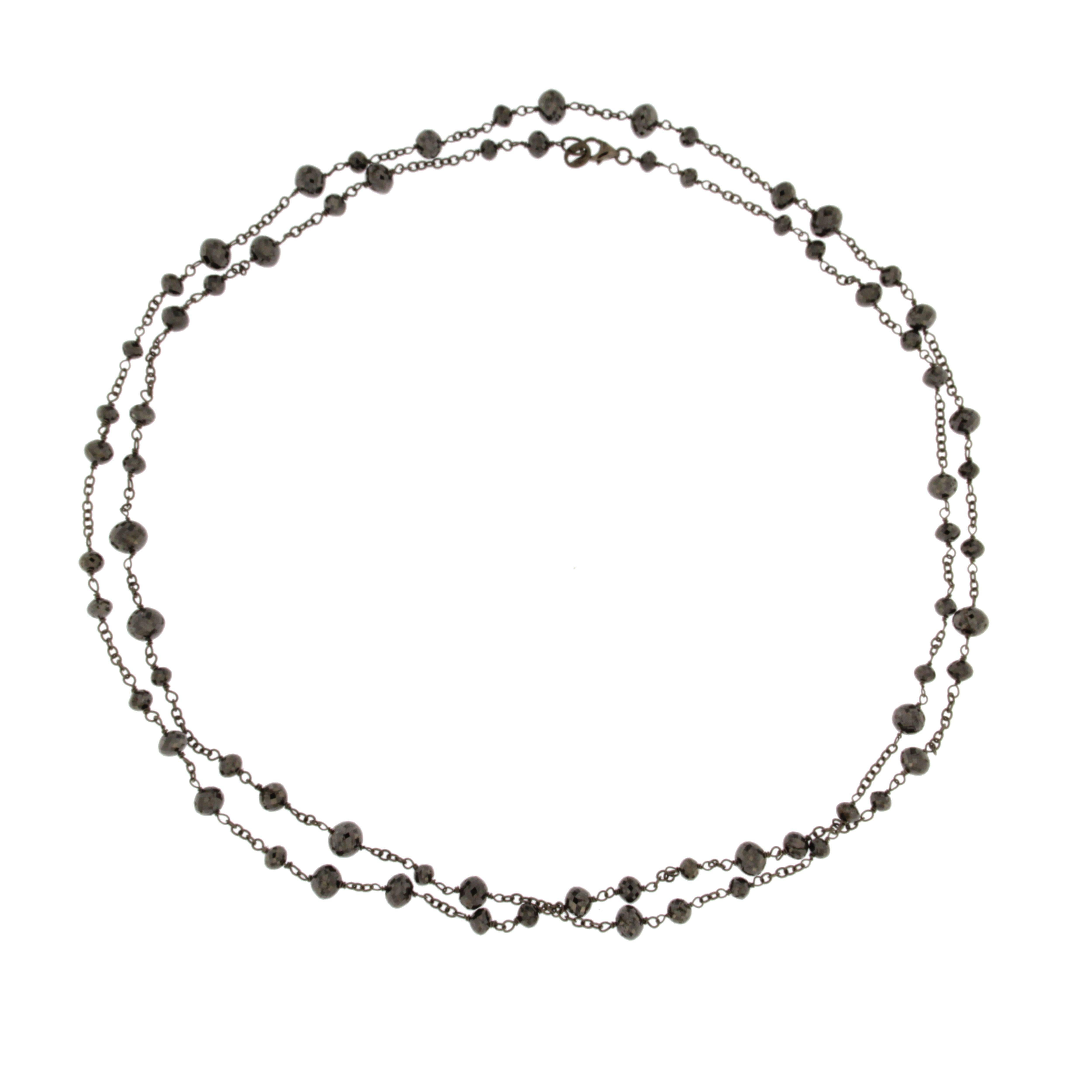 Briolette Cut Alex Jona Black Diamond Bead Long Necklace Burnished 18 Karat White Gold  For Sale