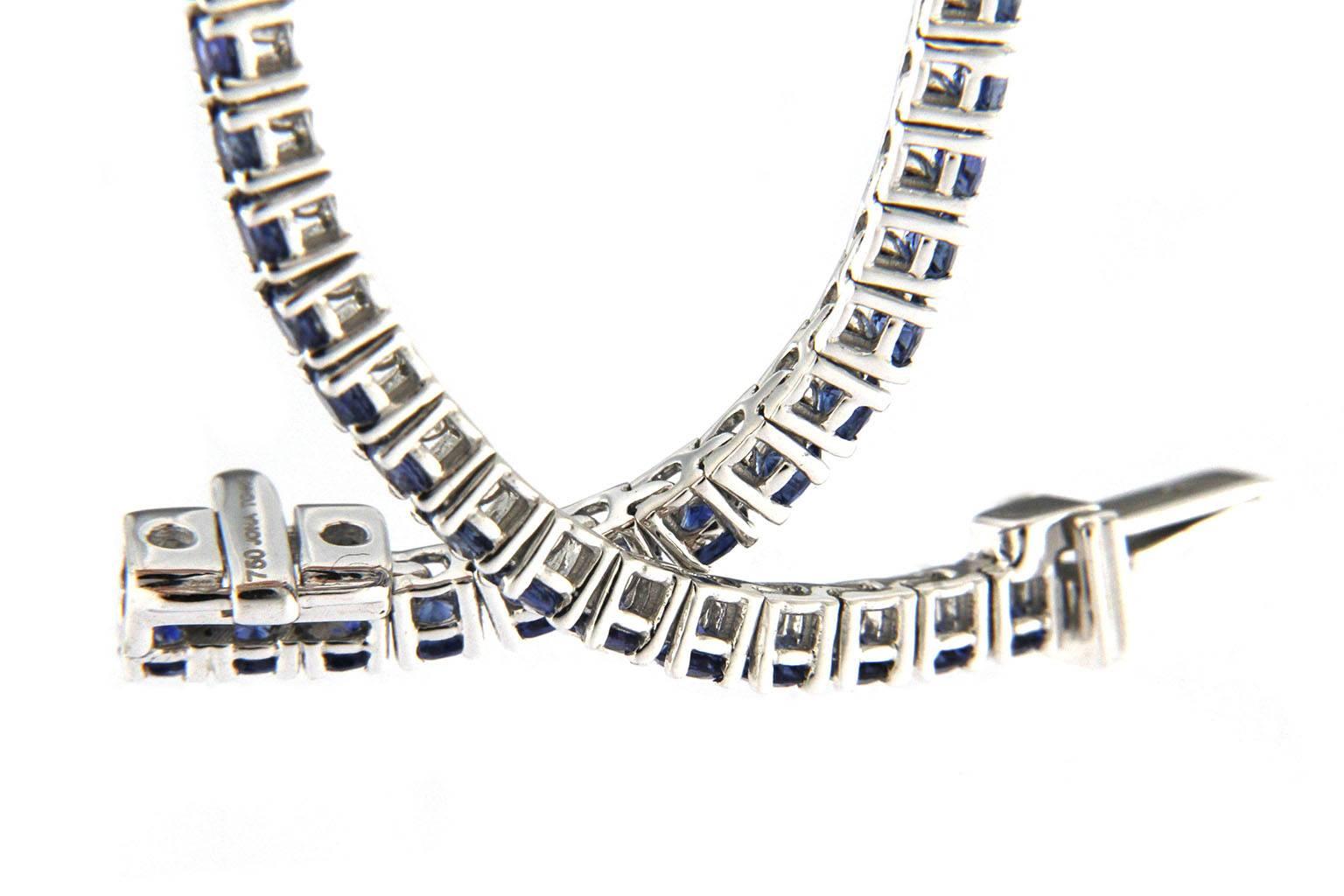 Women's or Men's Jona Blue Sapphire White Diamond 18 Karat White Gold Tennis Bracelet