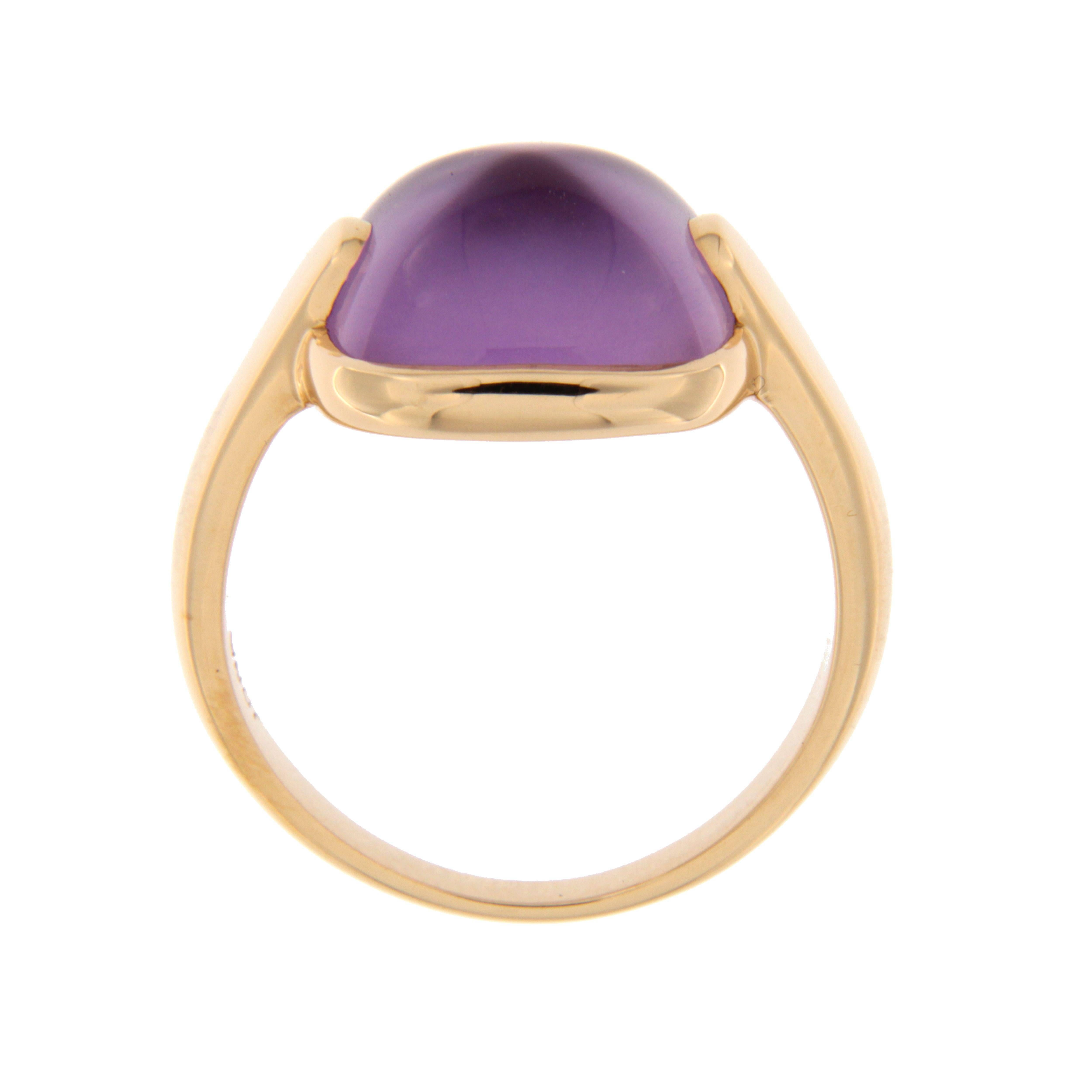 Jona design collection, hand crafted in Italy, 18 karat rose gold ring set with a sugar loaf cabochon cut amethyst on mother of pearl weighing 6.8 carats.
US size 5.75, EU size 11.5. Can be sized to any specification.

All Jona jewelry is new and