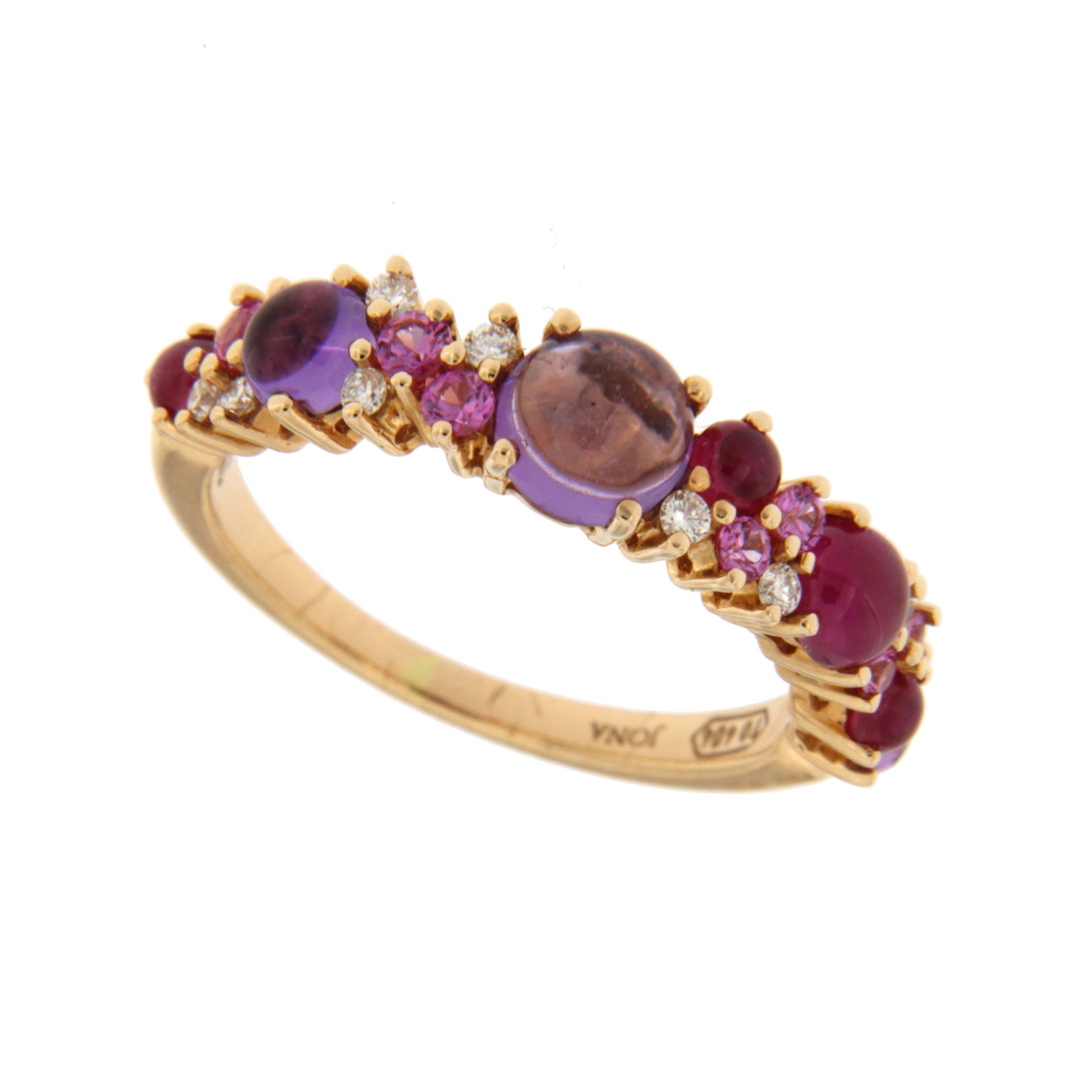 Jona design collection, hand crafted in Italy, 18 Karat rose gold ring band, set with, cabochon rubies, cabochon amethysts, pink sapphires and 0.12 carats of white diamonds. Size: US 6/ EU 12. Can be sized to any specification.
All Jona jewelry is