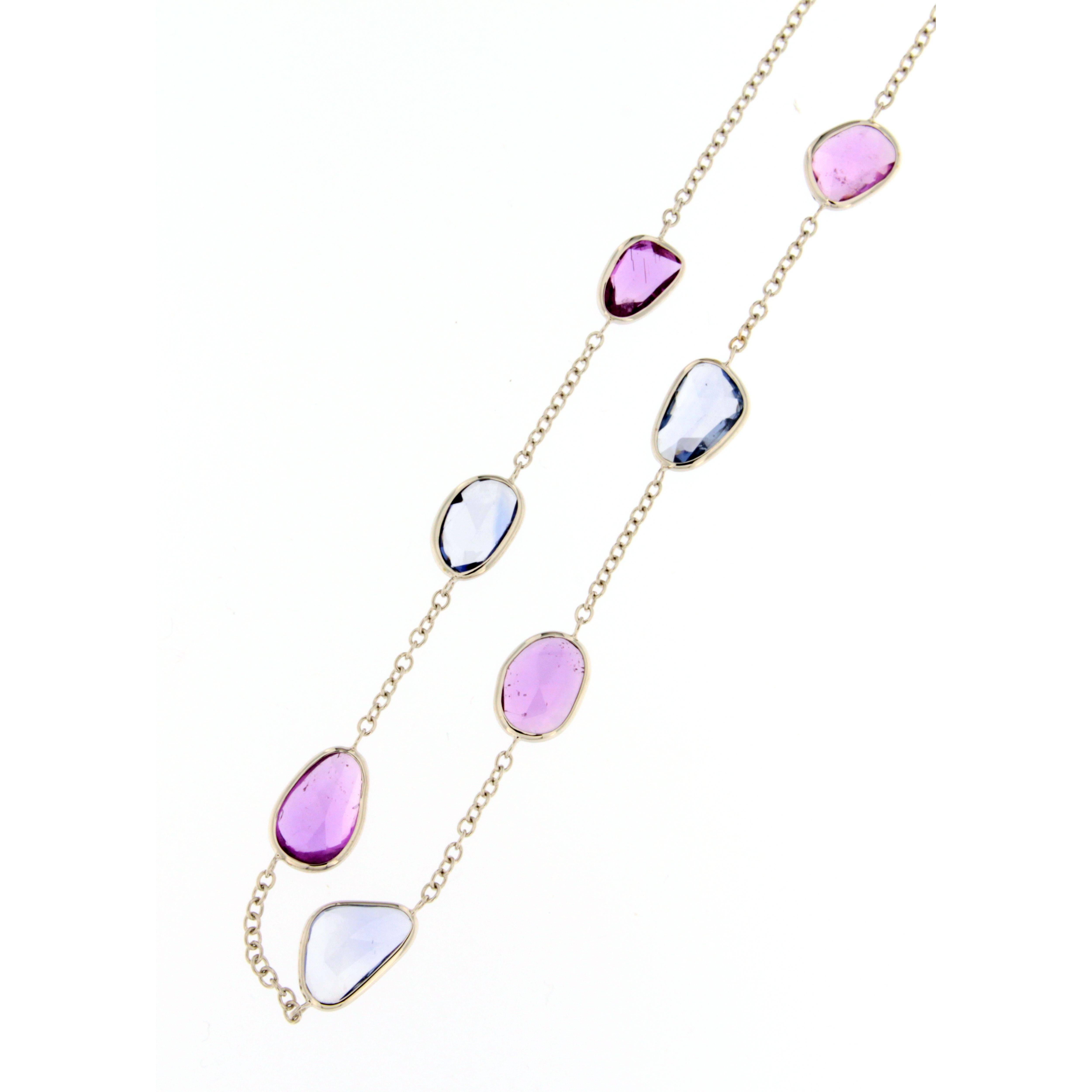 Oval Cut Blue and Pink Sapphire 18 Karat White Gold Necklace