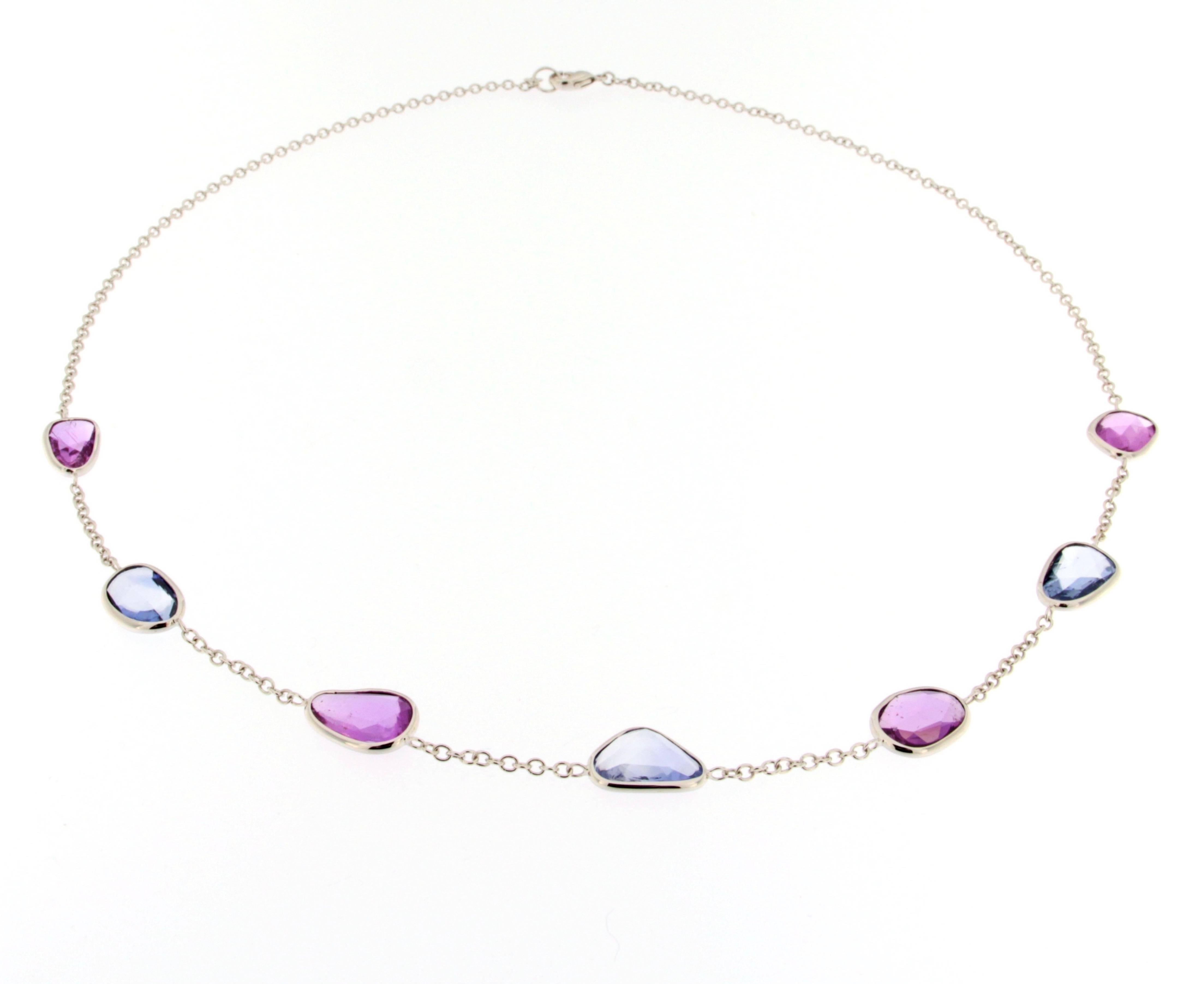 Blue and Pink Sapphire 18 Karat White Gold Necklace In New Condition In Torino, IT