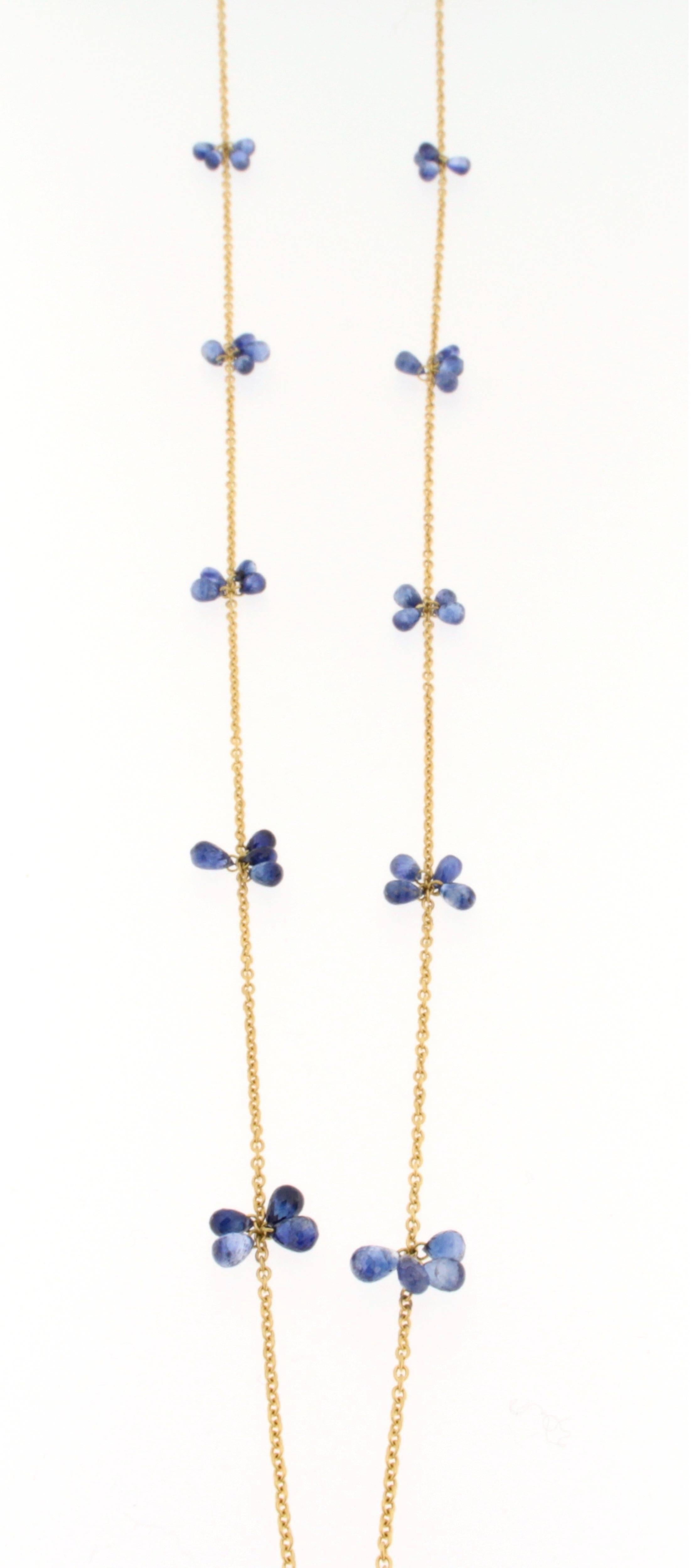 Briolette Cut Jona Blue Sapphire 18 Karat Yellow Gold Long Chain Necklace