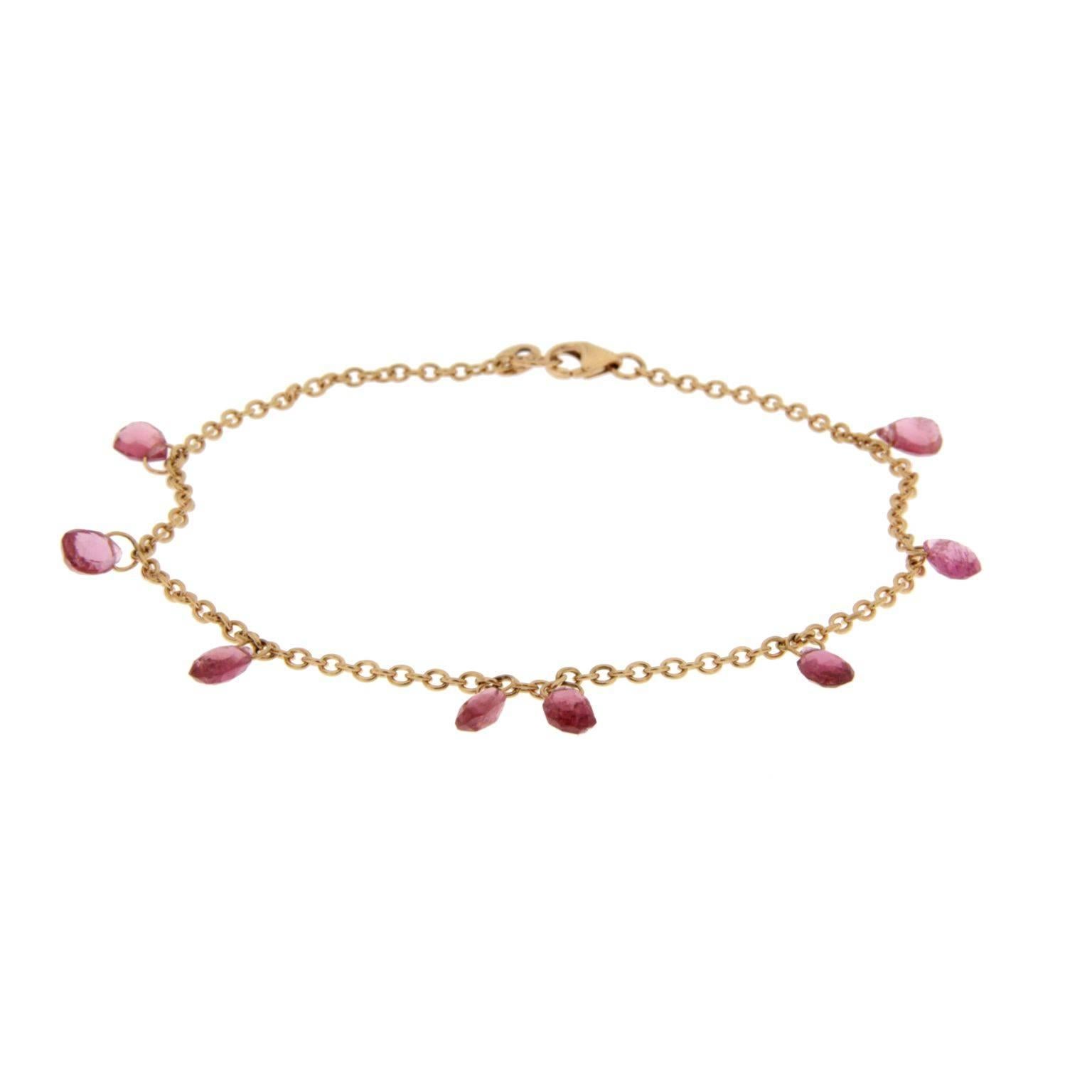 Jona design collection, hand crafted in Italy, 18 karat rose gold chain bracelet, featuring 3.40 carats of briolette cut pink tourmaline drops. Total length: 7.5 in. -18cm. 
All Jona jewelry is new and has never been previously owned or worn.