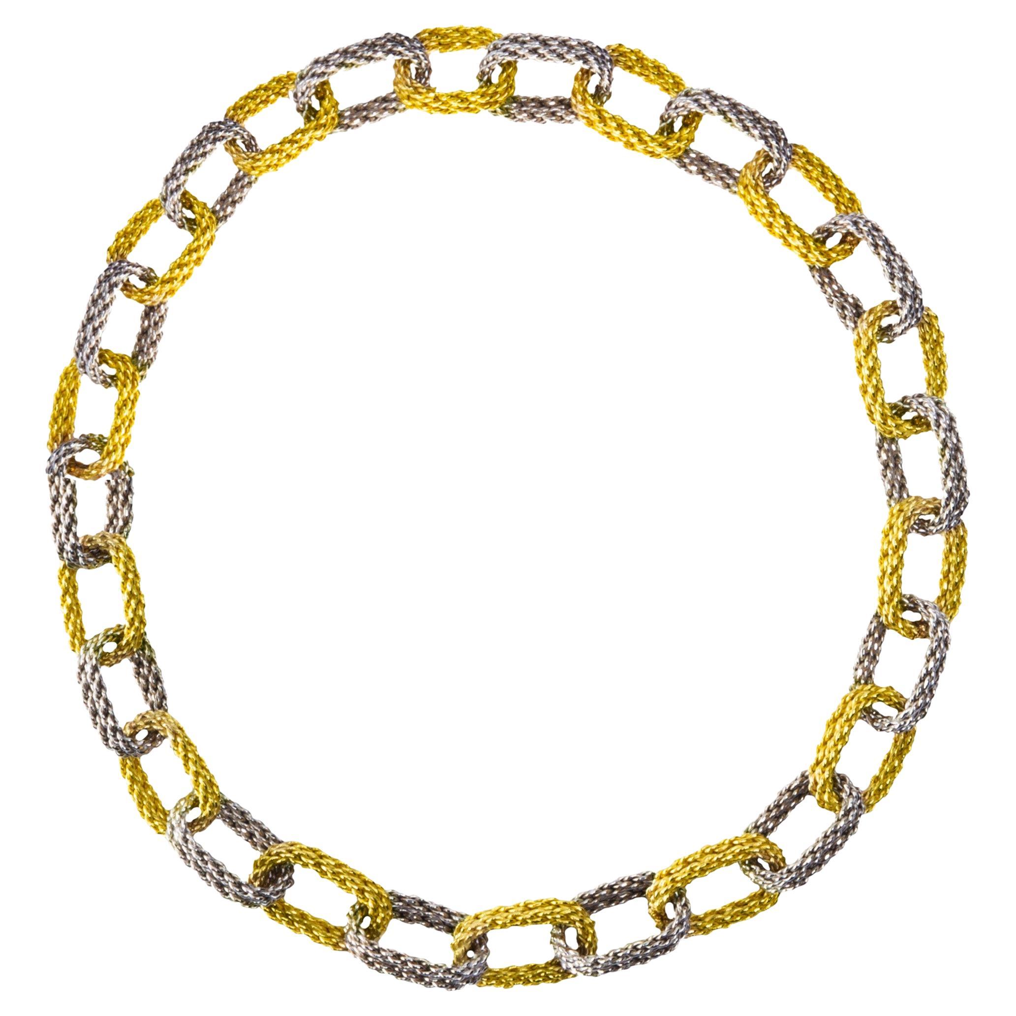 Alex Jona White & Yellow 18 Karat Gold Woven Chain Link Bracelet For Sale