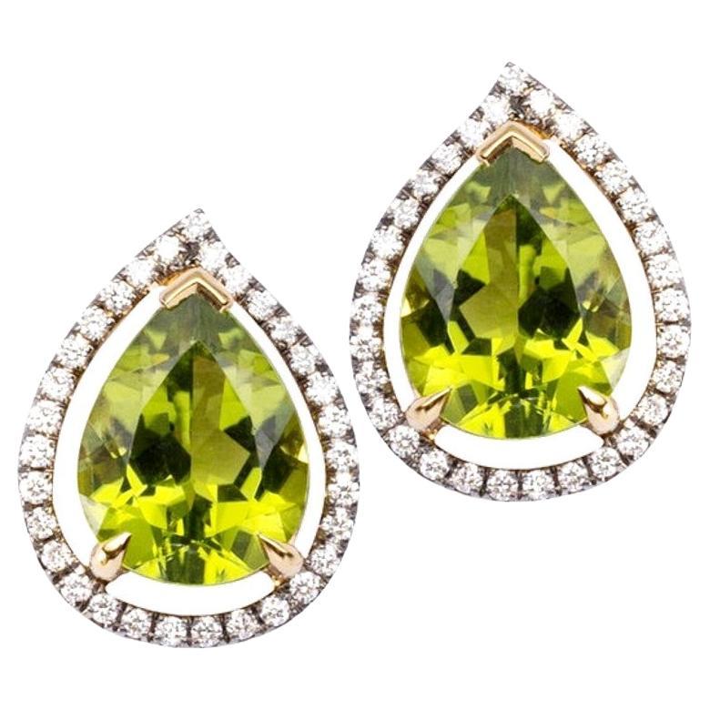 Alex Jona Drop Peridot White Diamond Yellow Gold Stud Earrings For Sale