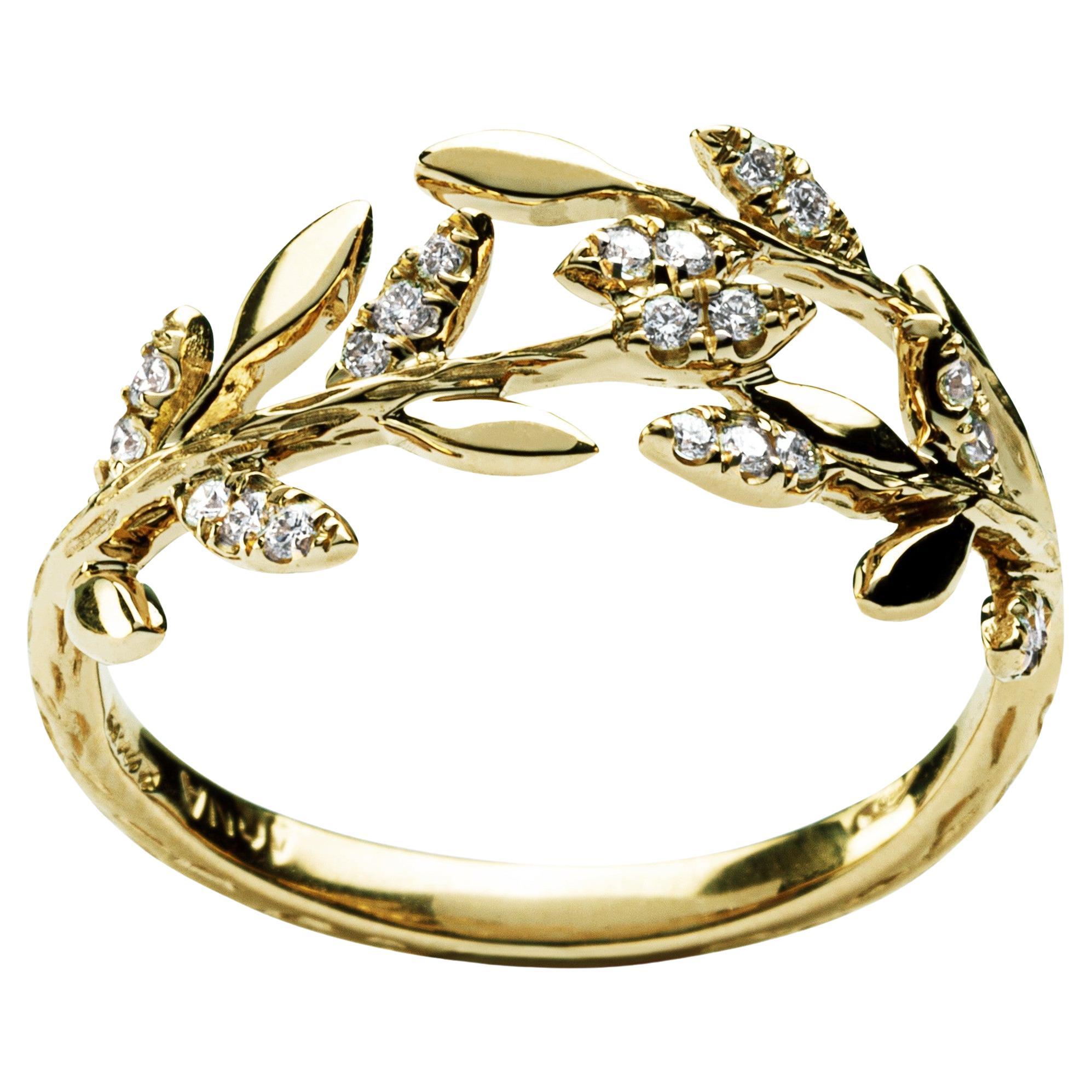 Alex Jona White Diamond 18 Karat Yellow Gold Foliage Ring For Sale
