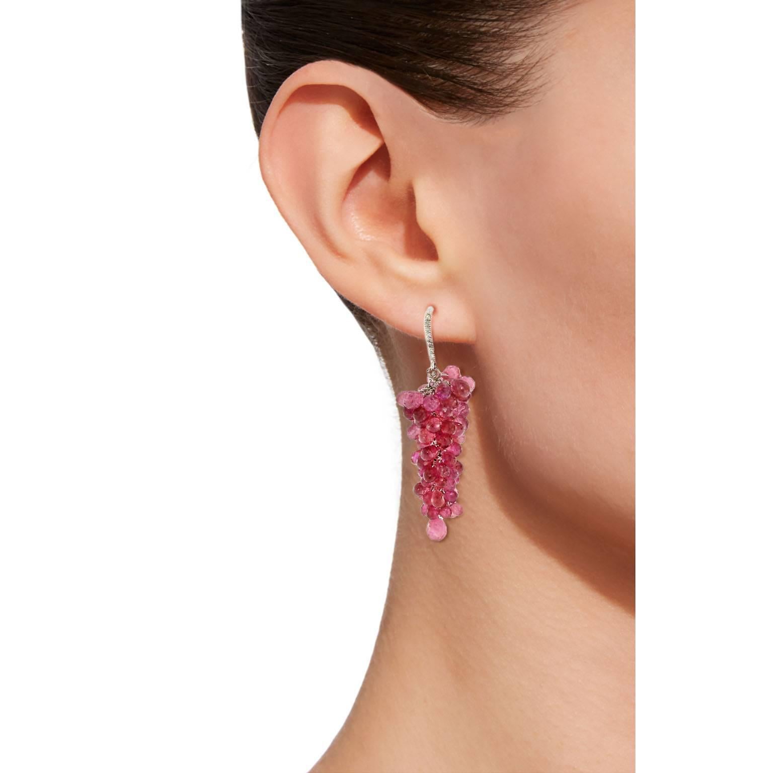Jona one-of-a-kind design, hand crafted in Italy, 18 karat white gold, cluster pendant earrings, featuring 68.30 carats briolette cut rubellite and 0.11 carats of white diamonds.
All Jona jewelry is new and has never been previously owned or worn.