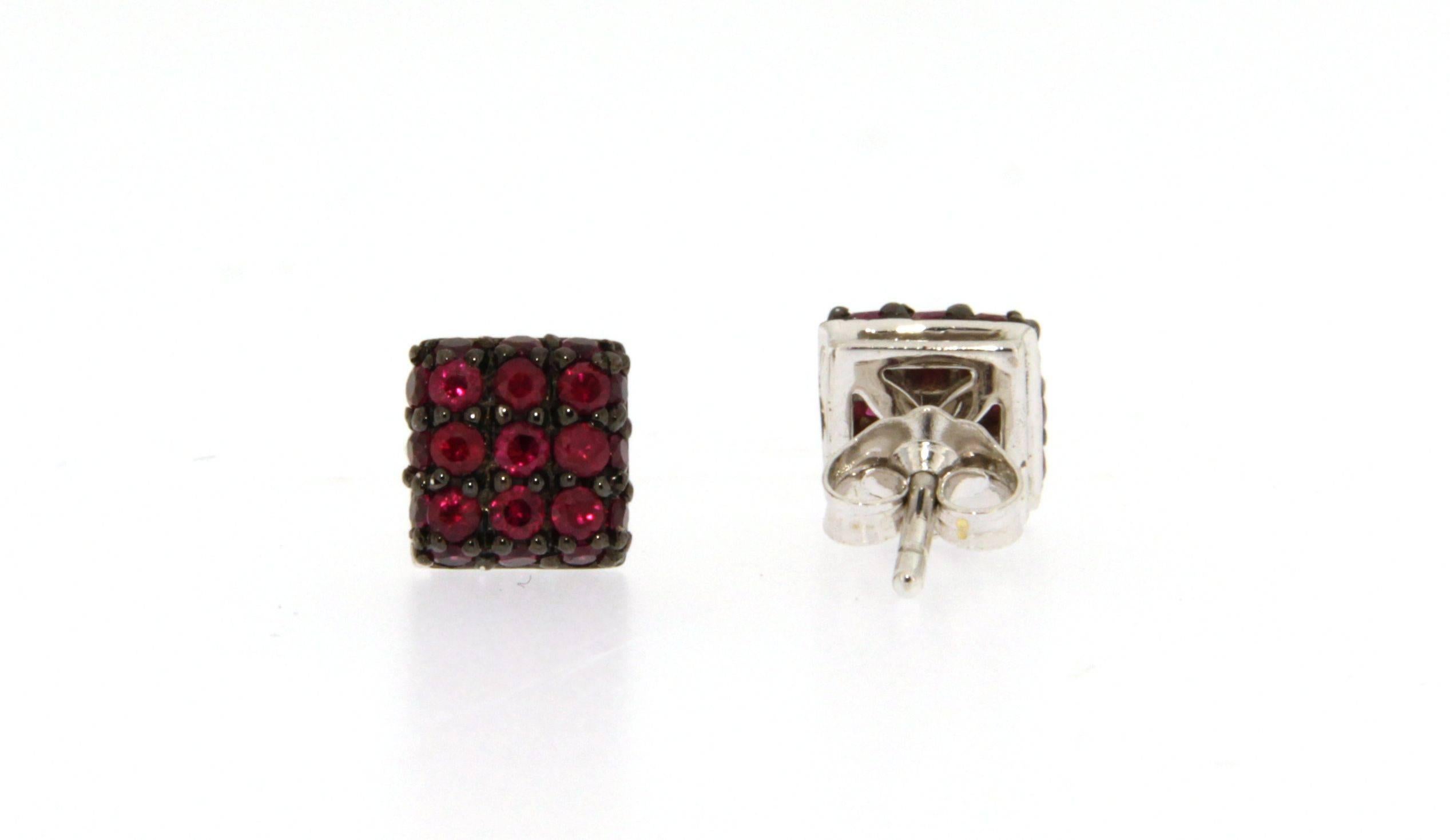 Round Cut Jona Ruby 18 Karat White Gold Square Stud Earrings