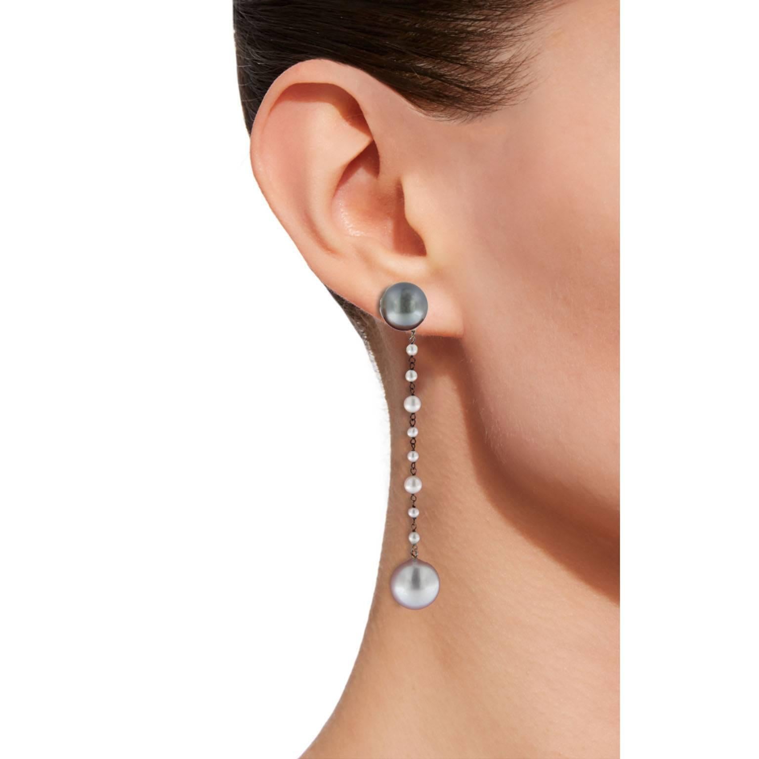 Jona design collection, hand crafted in Italy, 18 karat white gold dangle pearl earrings, showcasing two natural grey Tahiti pearls, two south sea white pearls and smaller white natural pearls.  The grey pearls may be worn separately, as stud