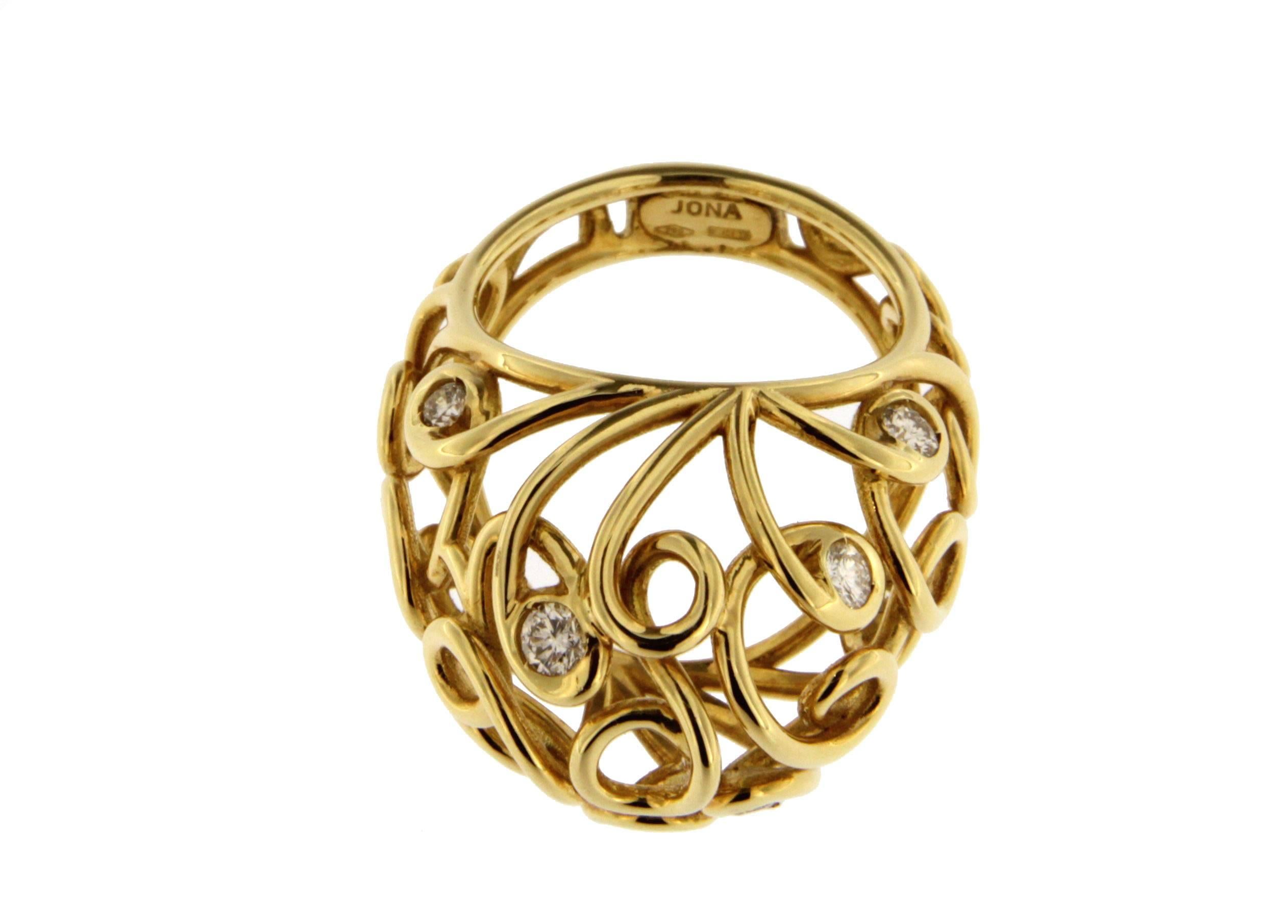 Round Cut Jona White Diamond 18 Karat Yellow Gold Twisted Dome Ring