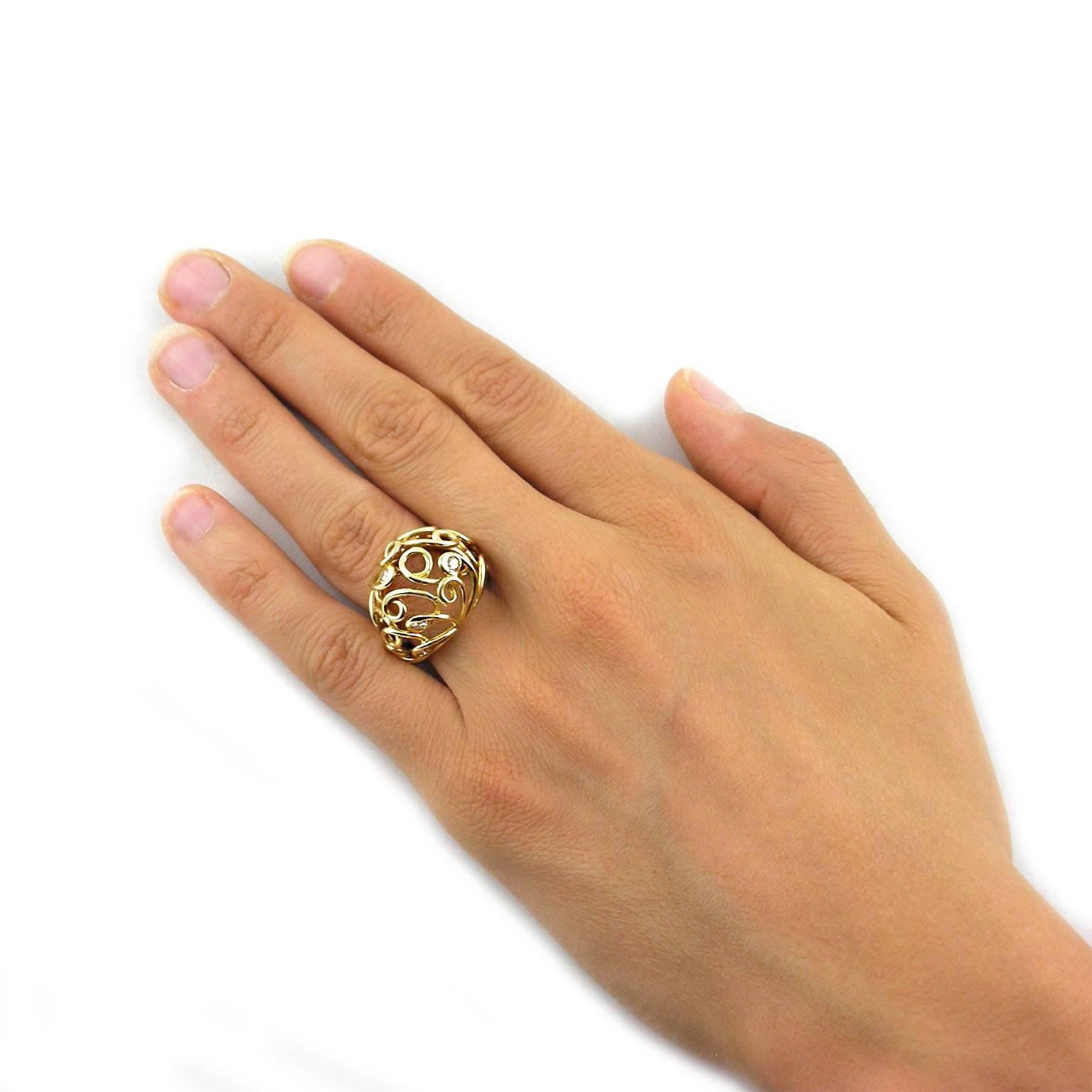 Jona design collection, hand crafted in Italy, 18 karat yellow gold twisted dome ring, enriched with 0.45 carats of white diamonds.  
Size US 6, can be sized to any specification.  
All Jona jewelry is new and has never been previously owned or