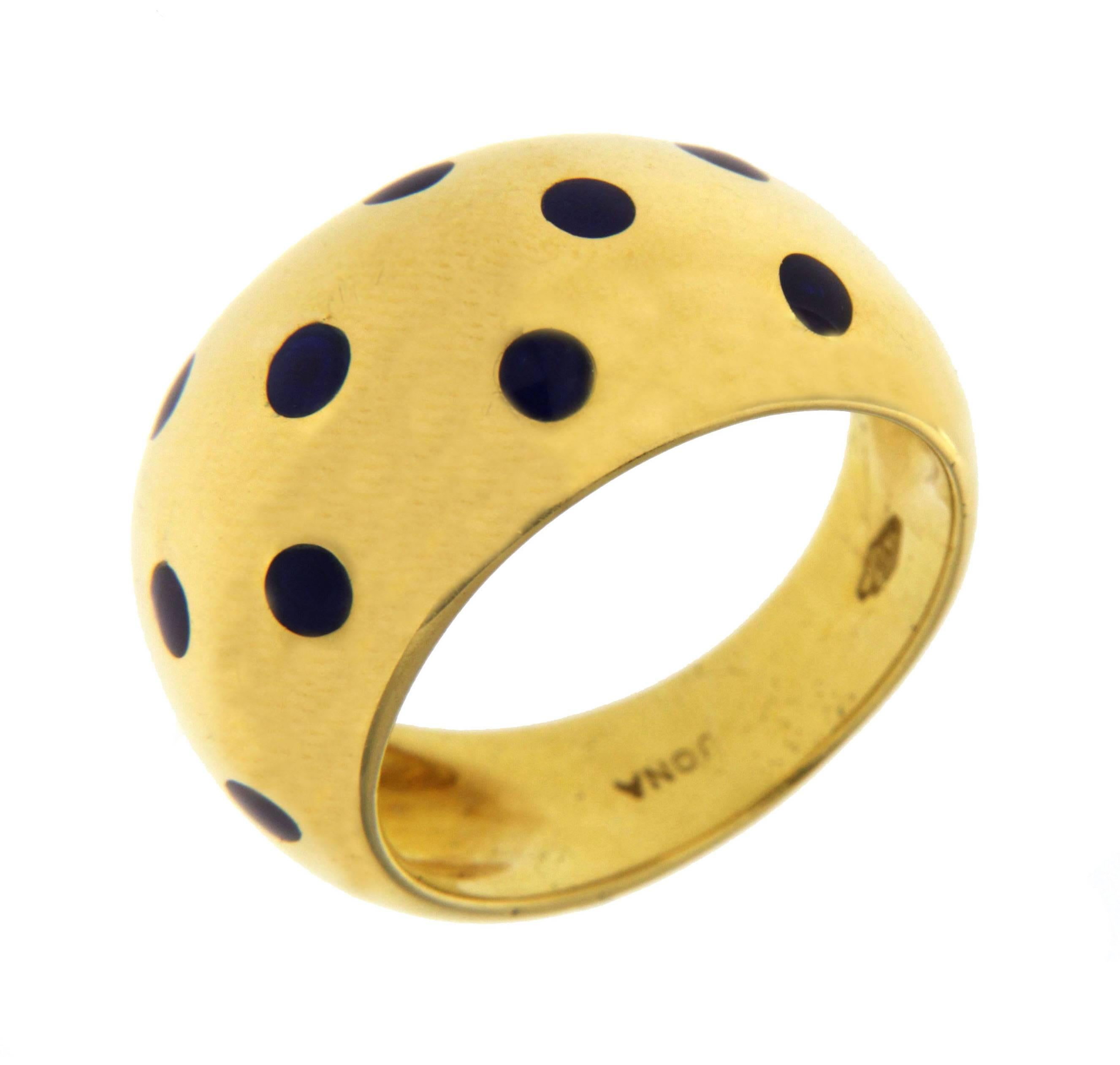 Jona Blue Enamel Pois Yellow Gold Band Ring In New Condition In Torino, IT