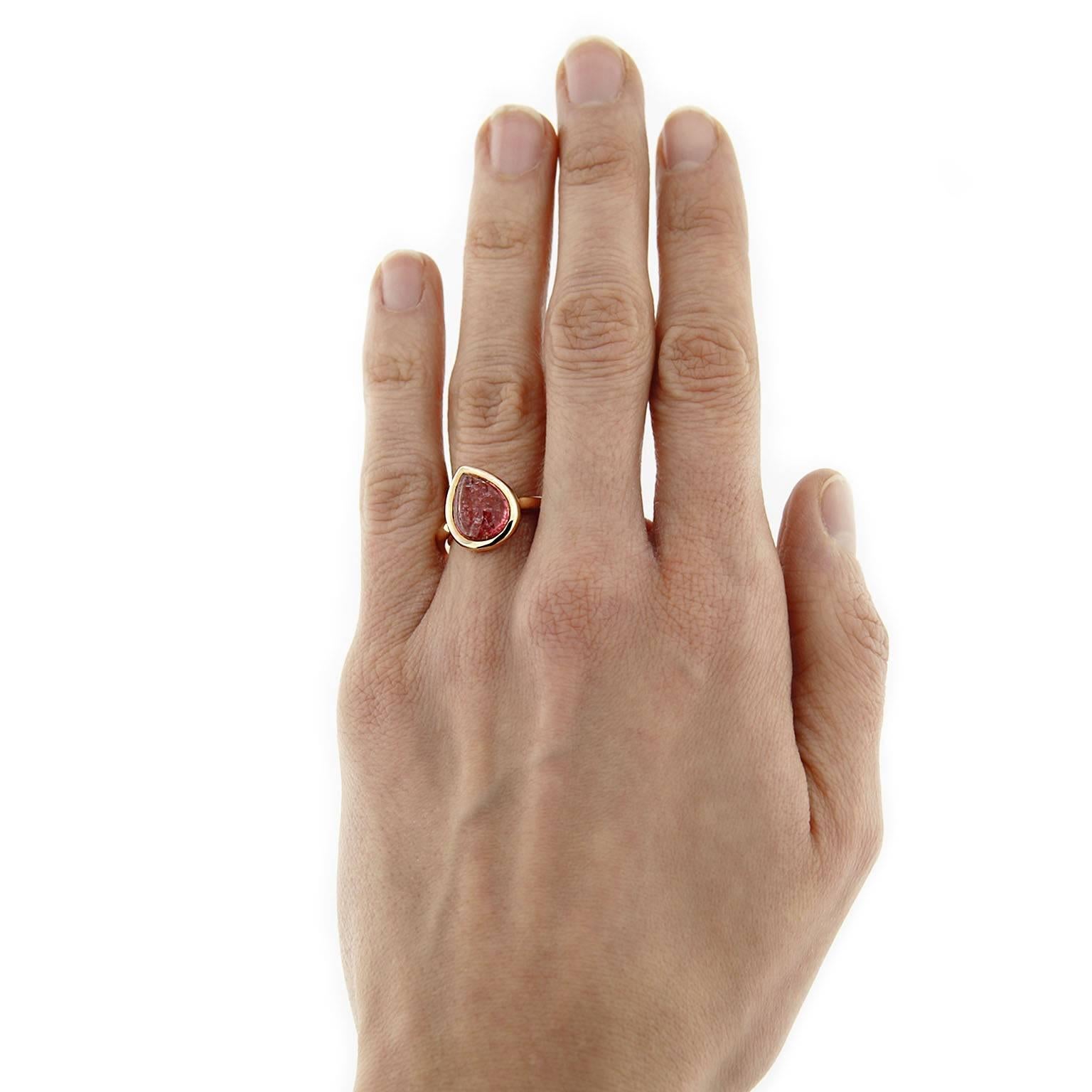 Jona design collection, hand crafted in Italy, 18 karat rose gold ring, centering a 4.50 carats cabochon drop pink tourmaline. 
US size 6. Can be sized to any specification.  
All Jona jewelry is new and has never been previously owned or worn. Each