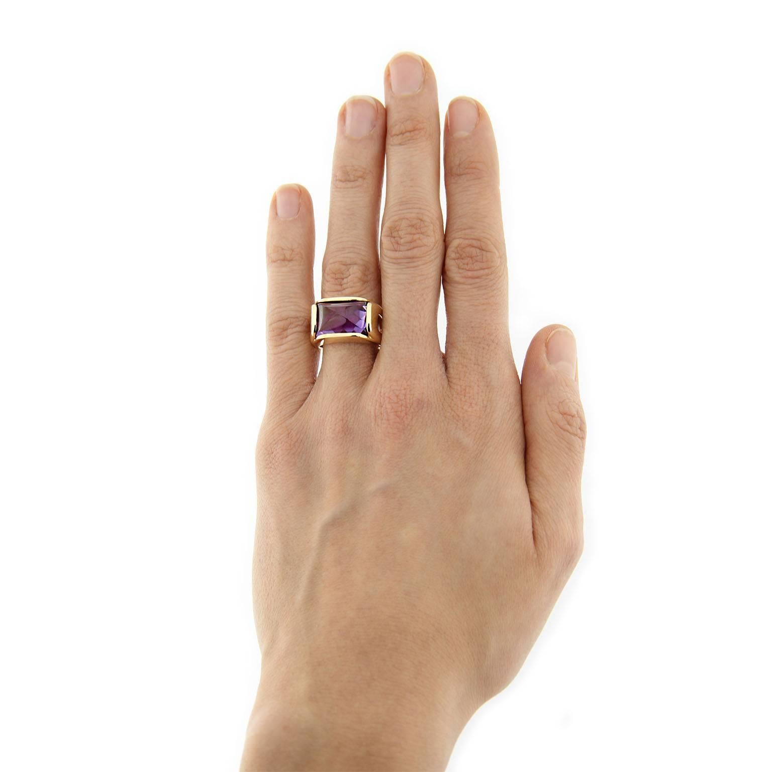 Jona design collection, hand crafted in Italy, 18 karat yellow gold ring, centering a cushion cut amethyst weighing 6.10 carats. Size US 6.5, can be sized to any specification. 
All Jona jewelry is new and has never been previously owned or worn.