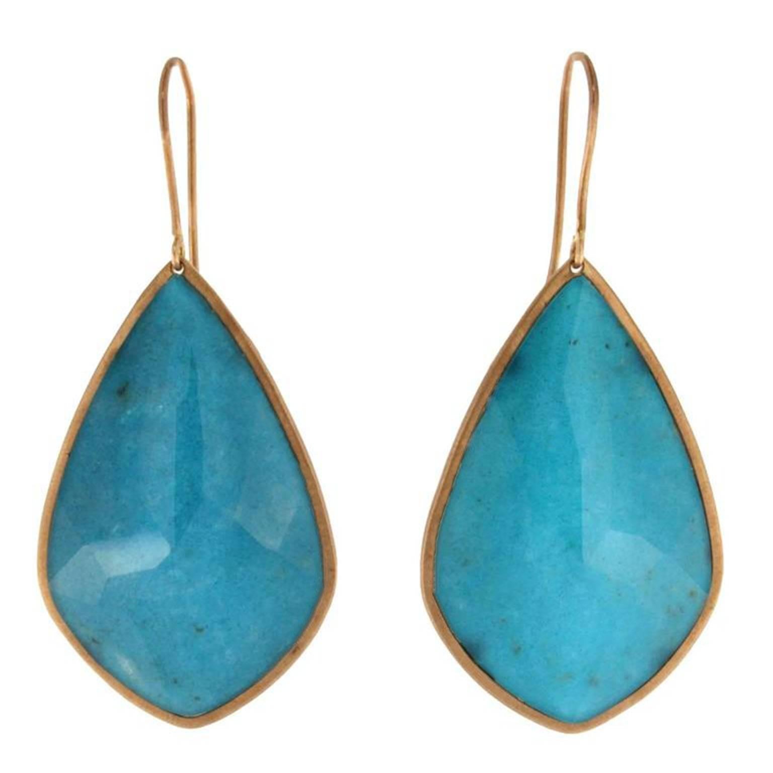 Jona design collection, hand crafted in Italy, 18 Karat rose gold drop earrings, set with quartz over turquoise, weighing 43.67 carats. 

All Jona jewelry is new and has never been previously owned or worn. 