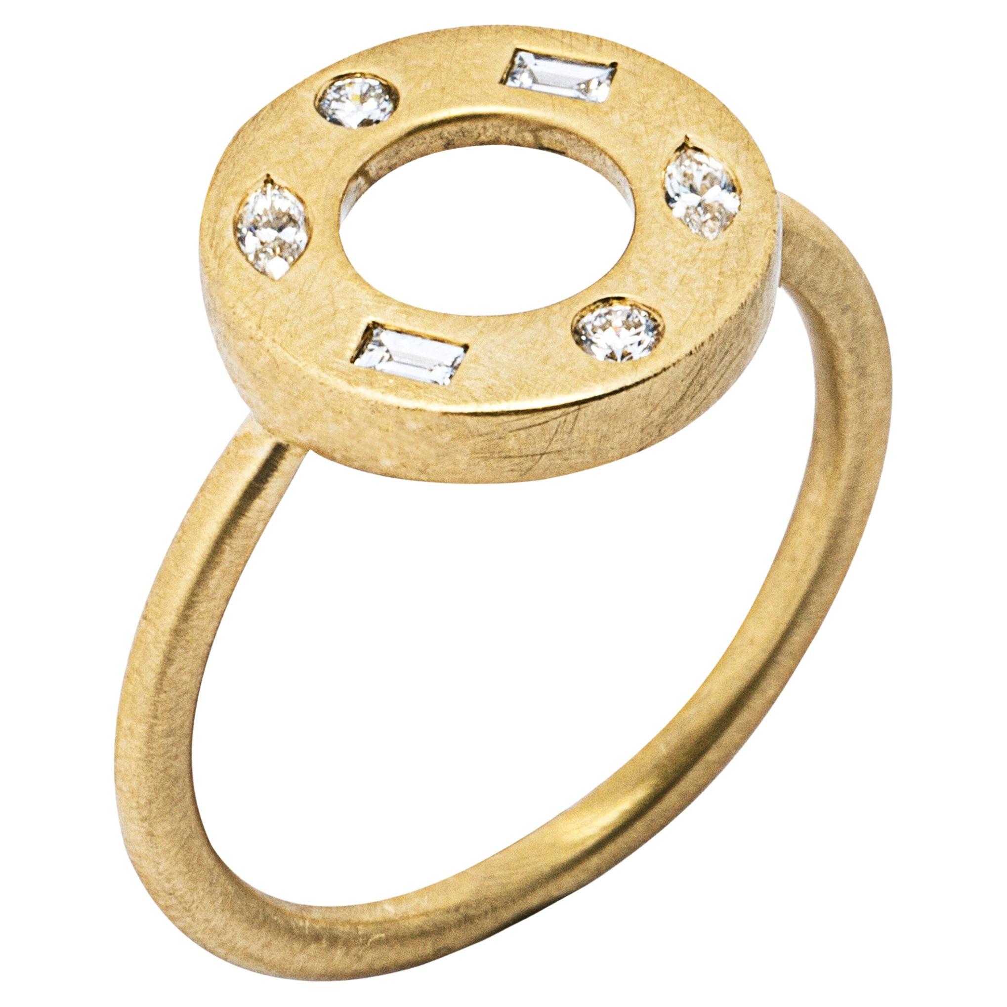Alex Jona White Diamond 18 Karat Yellow Gold Circle Frosted Ring For Sale