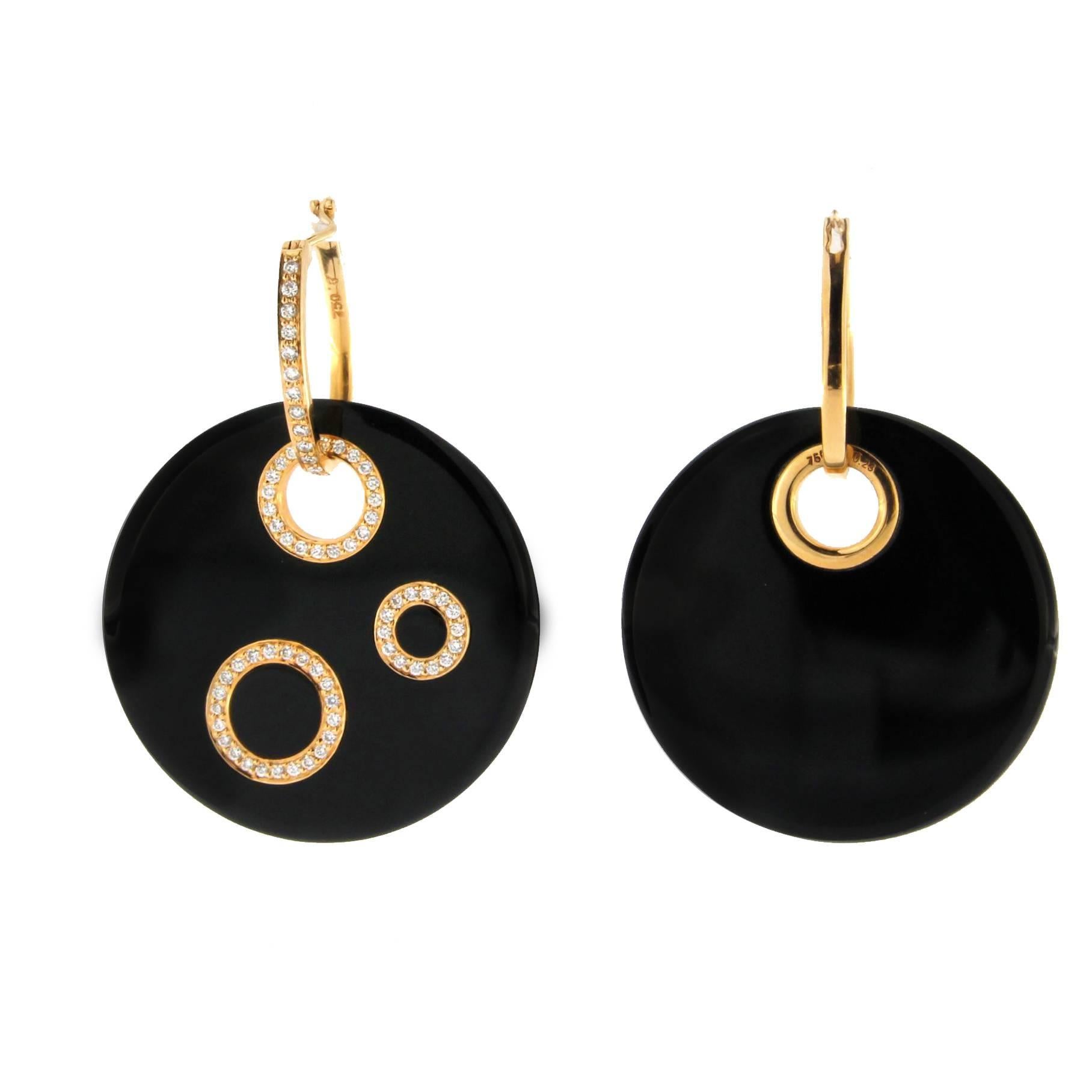 Alex Jona design collection, hand crafted in Italy, 18 karat rose gold, onyx disk hoop pendant earrings set with 0.62 carats of white diamonds.  

Alex Jona jewels stand out, not only for their special design and for the excellent quality of the