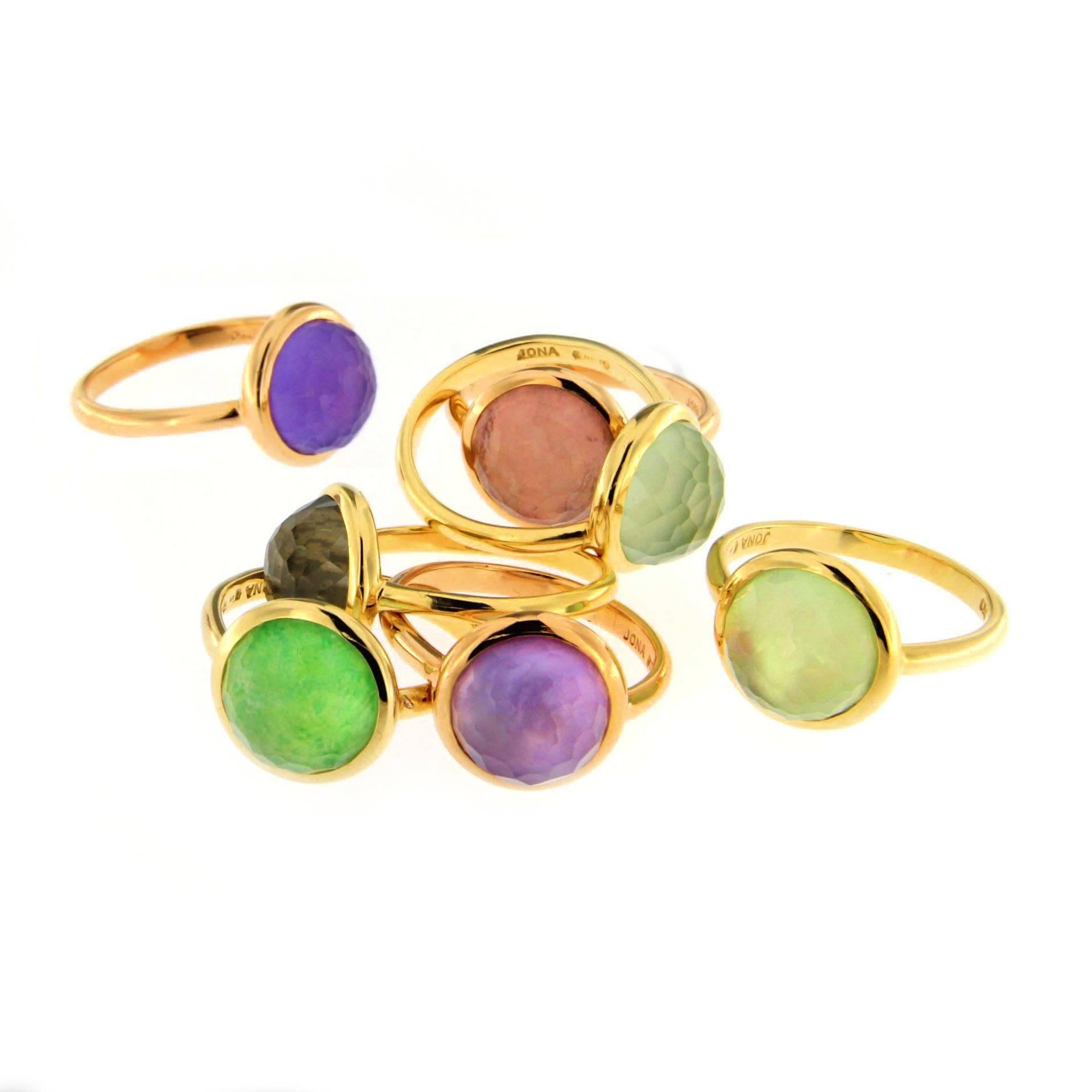 Jona design collection, hand crafted in Italy, 18 karat yellow gold faceted cocktail ring, set with a crazy cut rock crystal over Burmese Jade & mother of pearl. 
US size 6. Eu size 12. It can be sized to any specification.
The same design is