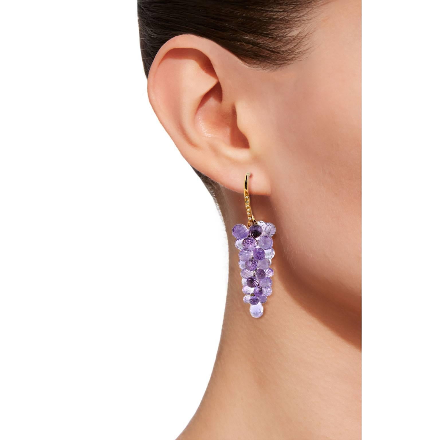 Jona design collection, 18 karat rose gold pendant earrings, featuring 43.80 carats of amethyst briolette clusters and 0.10 carats of white diamonds.  

All Jona jewelry is new and has never been previously owned or worn.