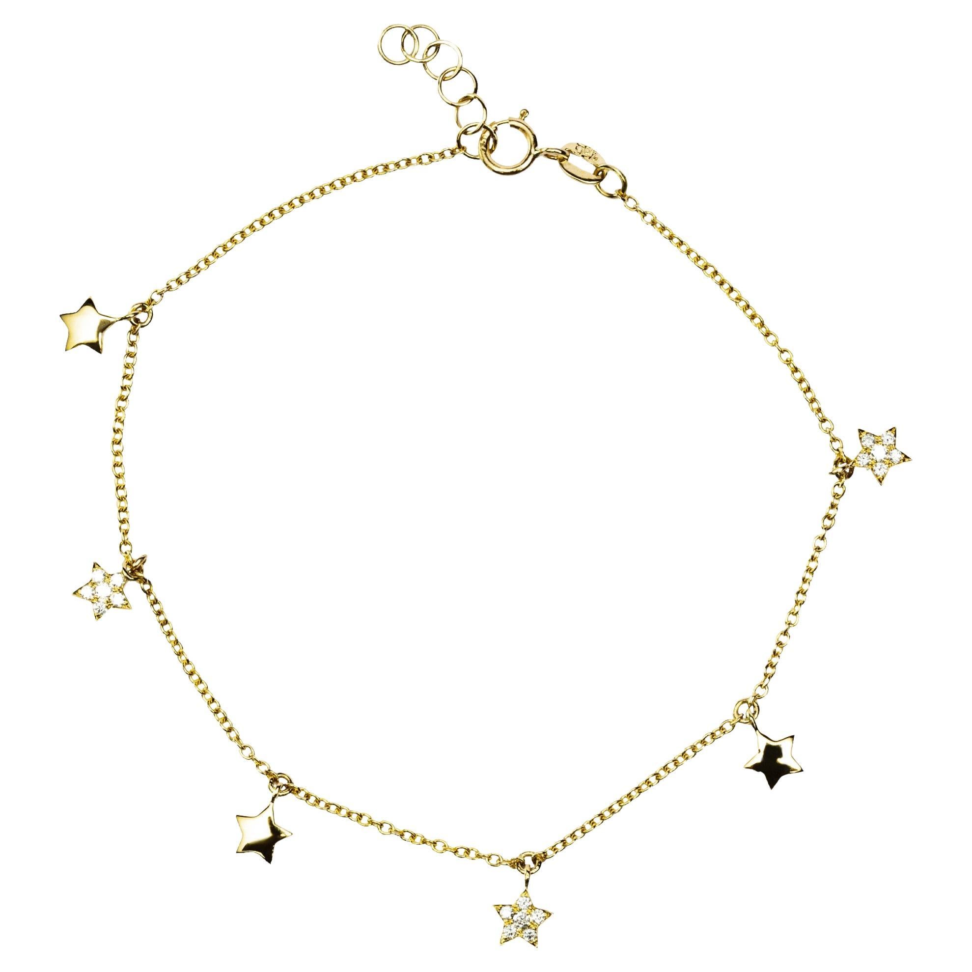 Alex Jona White Diamond 18 Karat Yellow Gold Star Charm Chain Bracelet For Sale