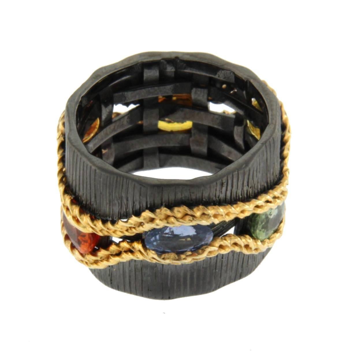 Jona design collection, hand crafted in Italy, sterling silver black rhodium plated ring band, set with multicolor sapphires. 
US size 5.5. Can be sized to any specification.  

All Jona jewelry is new and has never been previously owned or worn.