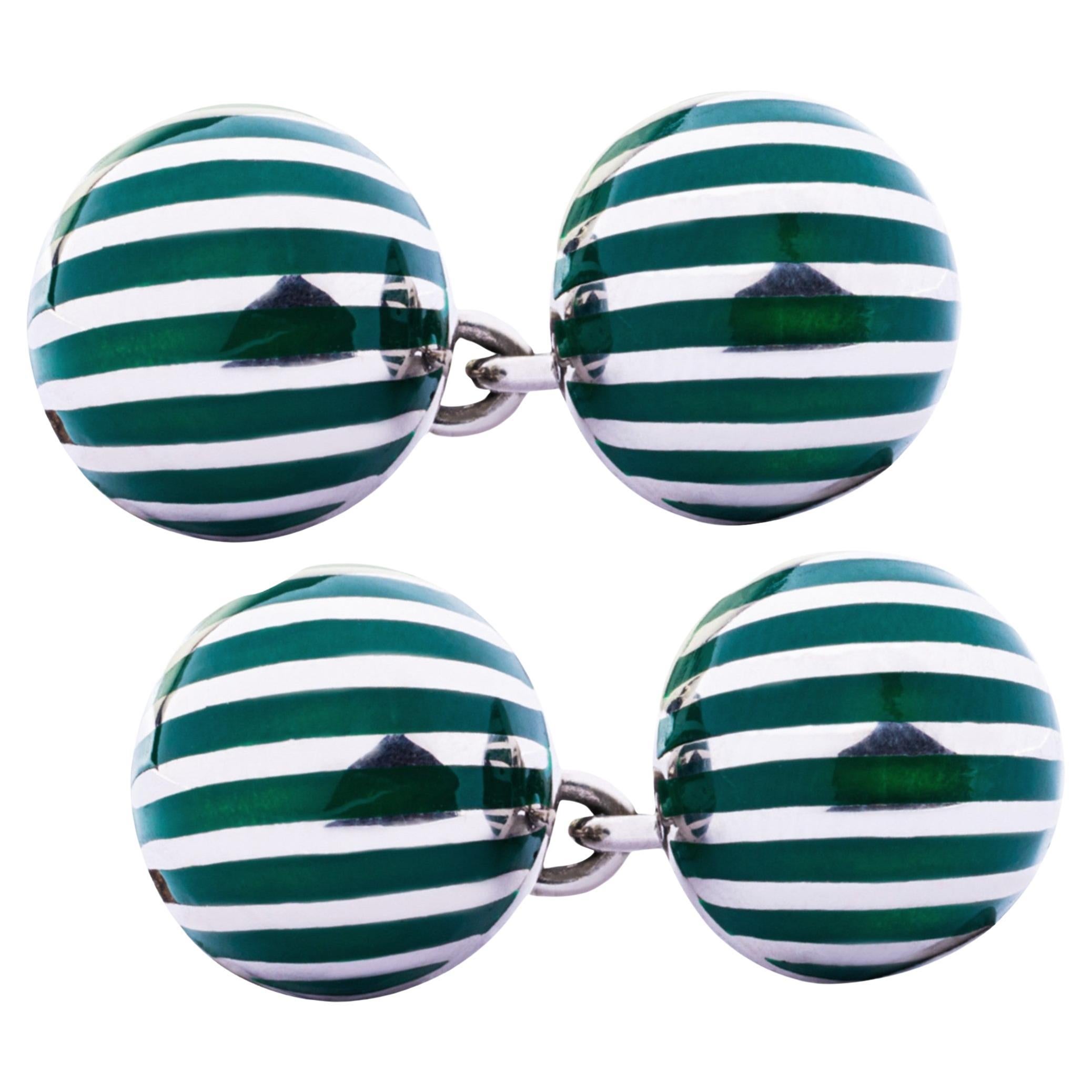 Sterling Silver Green Enamel Stripe Cufflinks