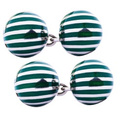 Sterling Silver Green Enamel Stripe Cufflinks