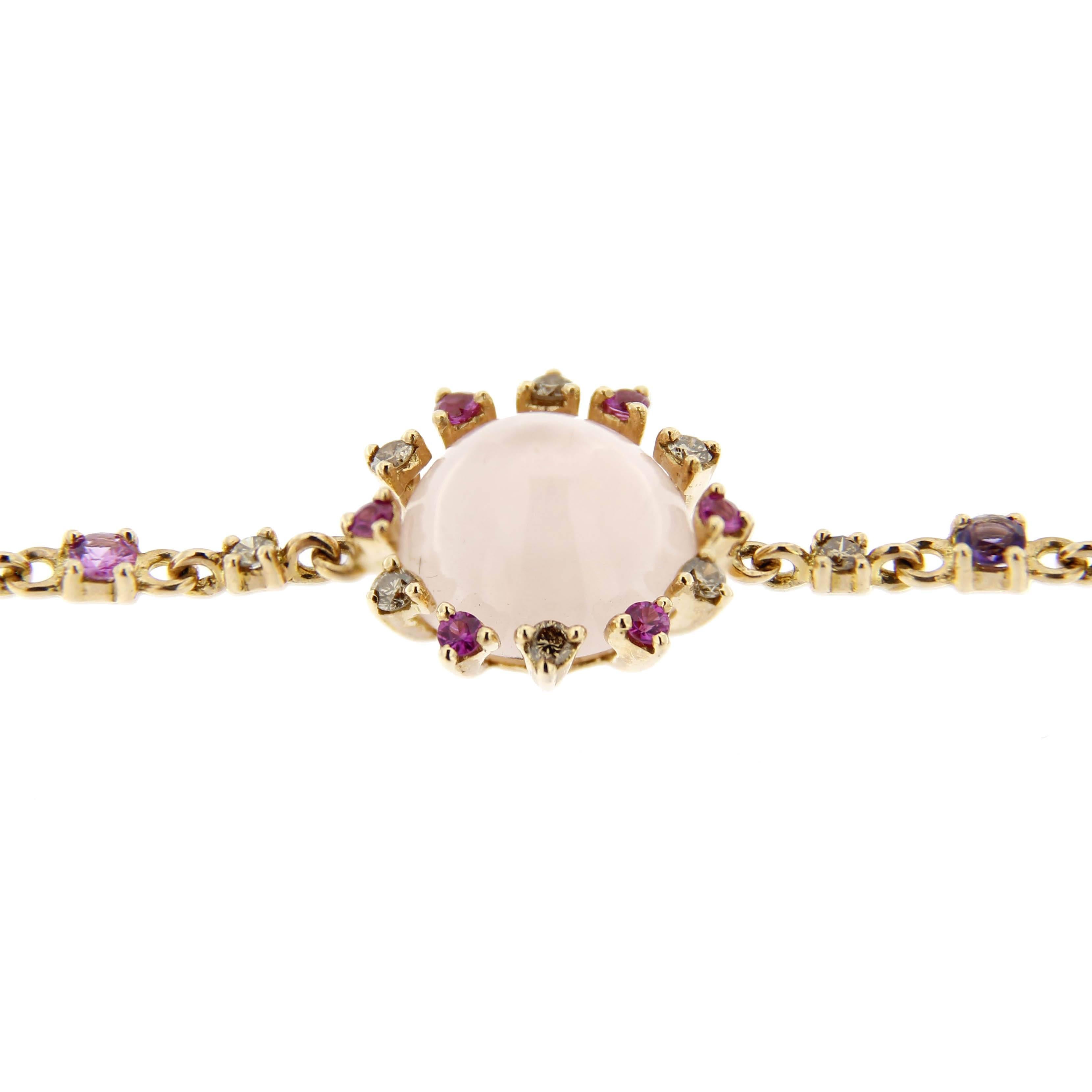 Women's Jona Pink Sapphire Amethyst Rose Quartz Moonstone Diamond Gold Link Bracelet