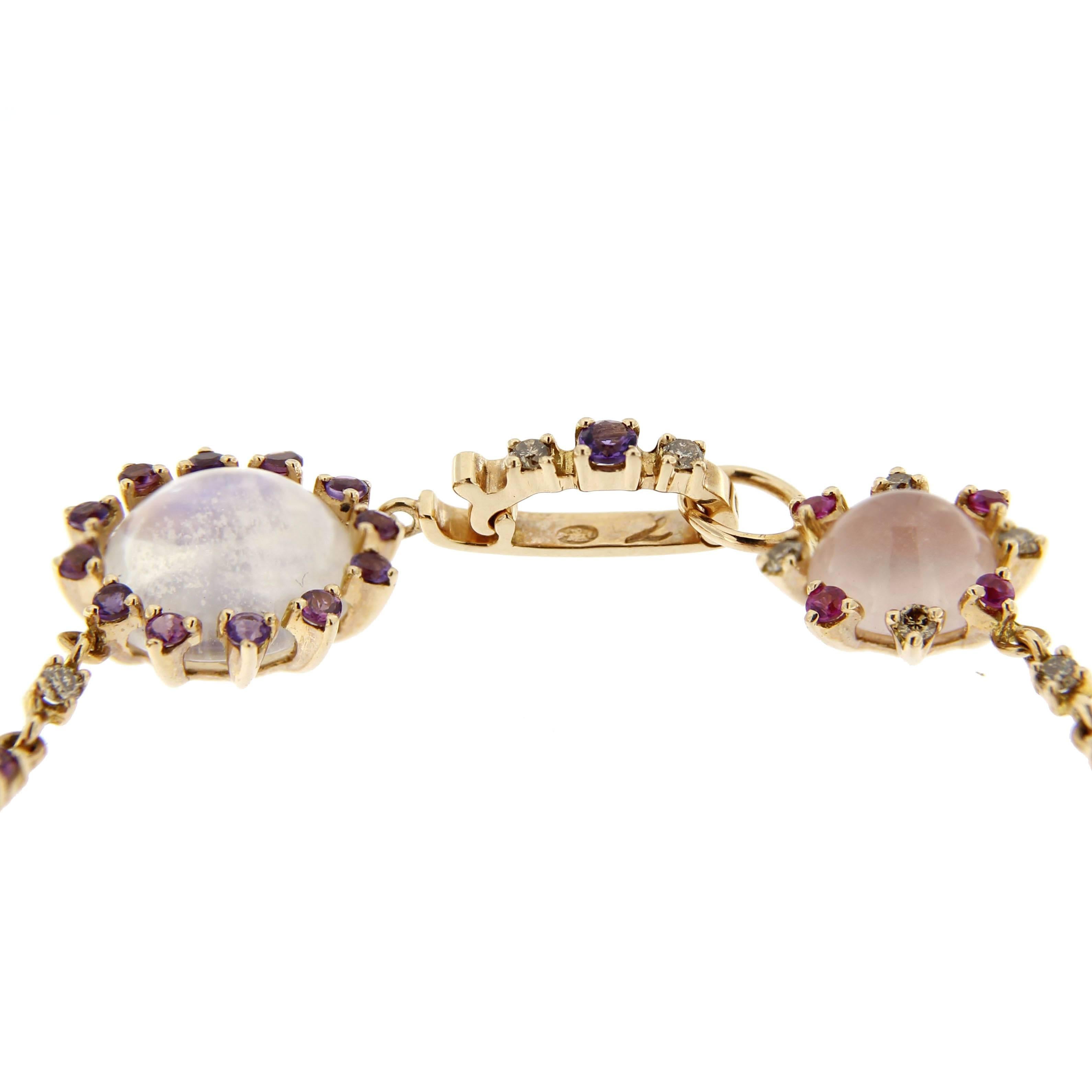 Jona Pink Sapphire Amethyst Rose Quartz Moonstone Diamond Gold Link Bracelet 1