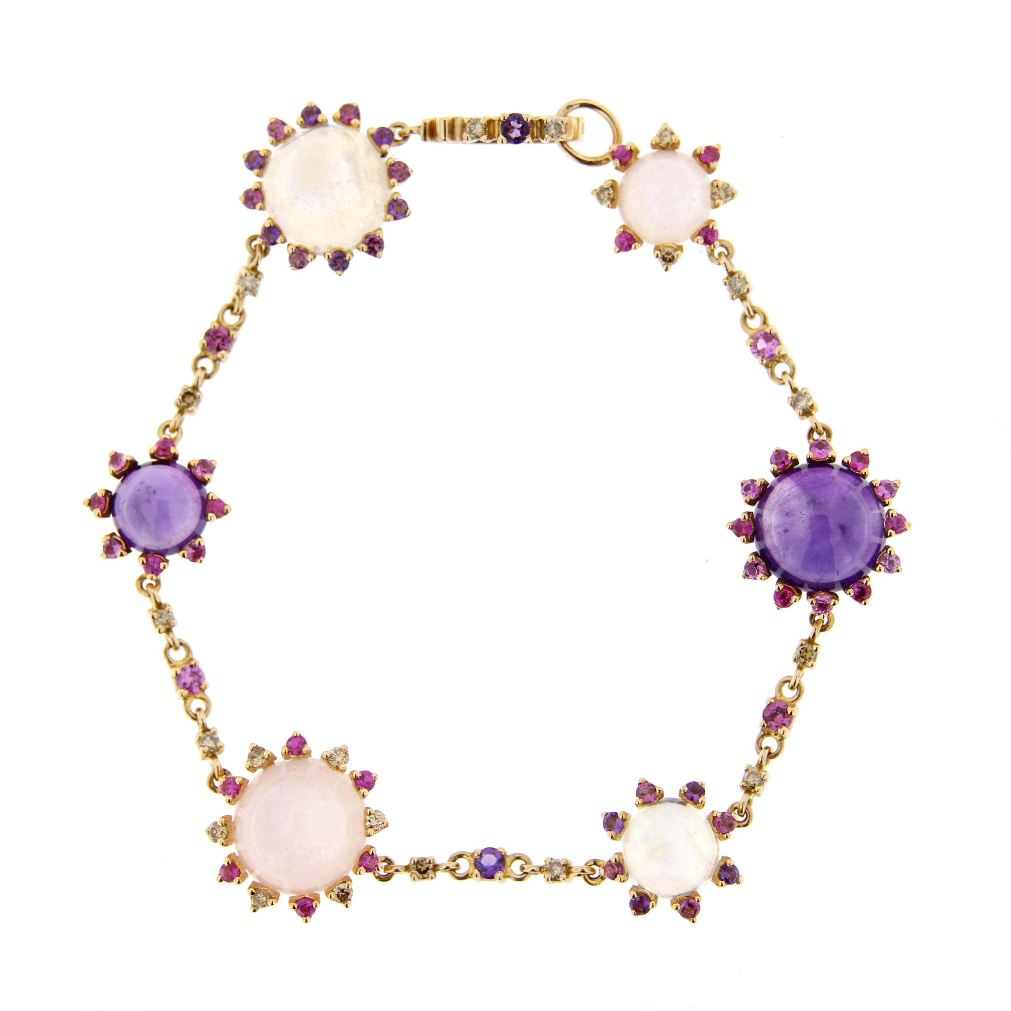 Jona Pink Sapphire Amethyst Rose Quartz Moonstone Diamond Gold Link Bracelet In New Condition In Torino, IT