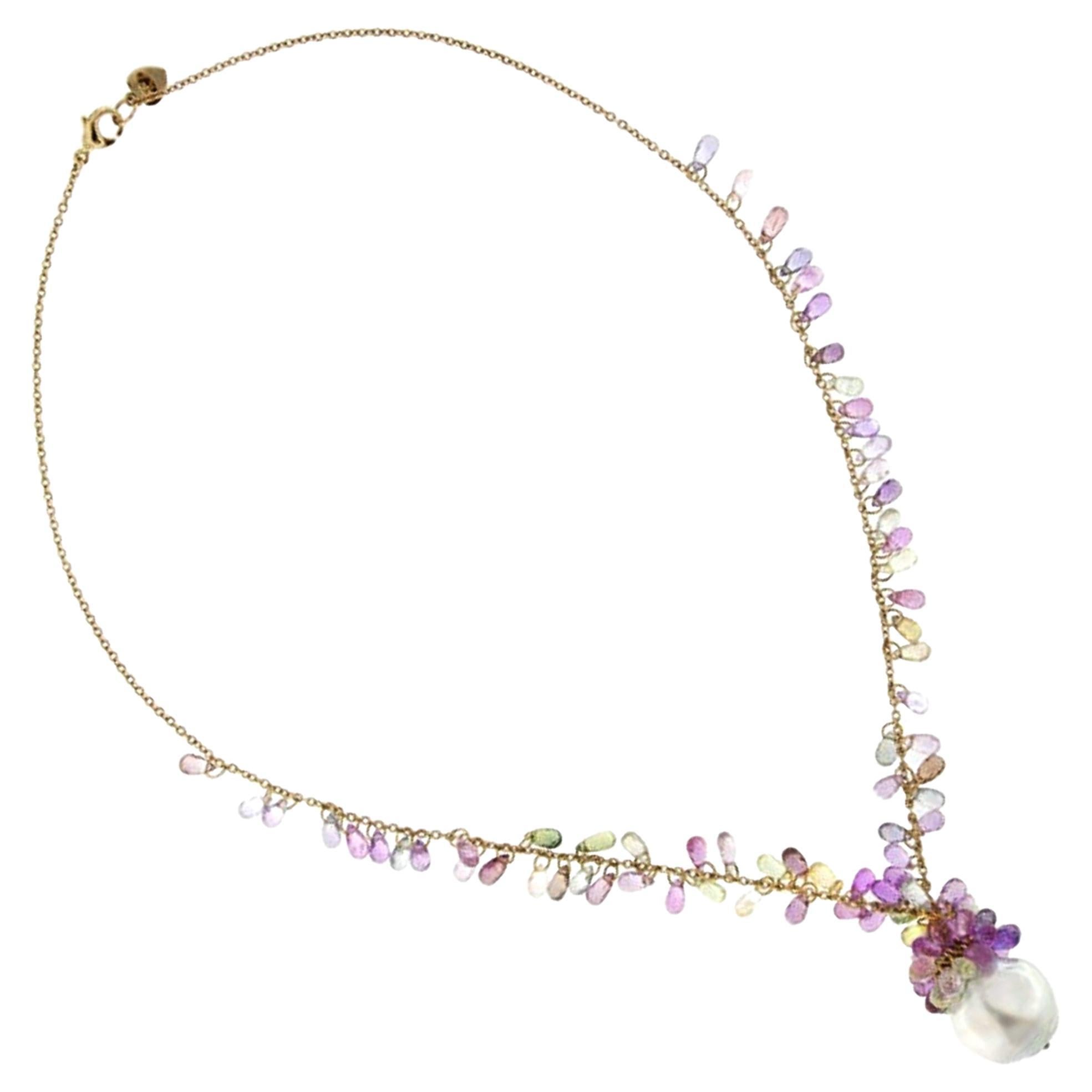 Alex Jona Multicolor Sapphire South Sea Pearl Tassel 18 Karat Rose Gold Necklace For Sale
