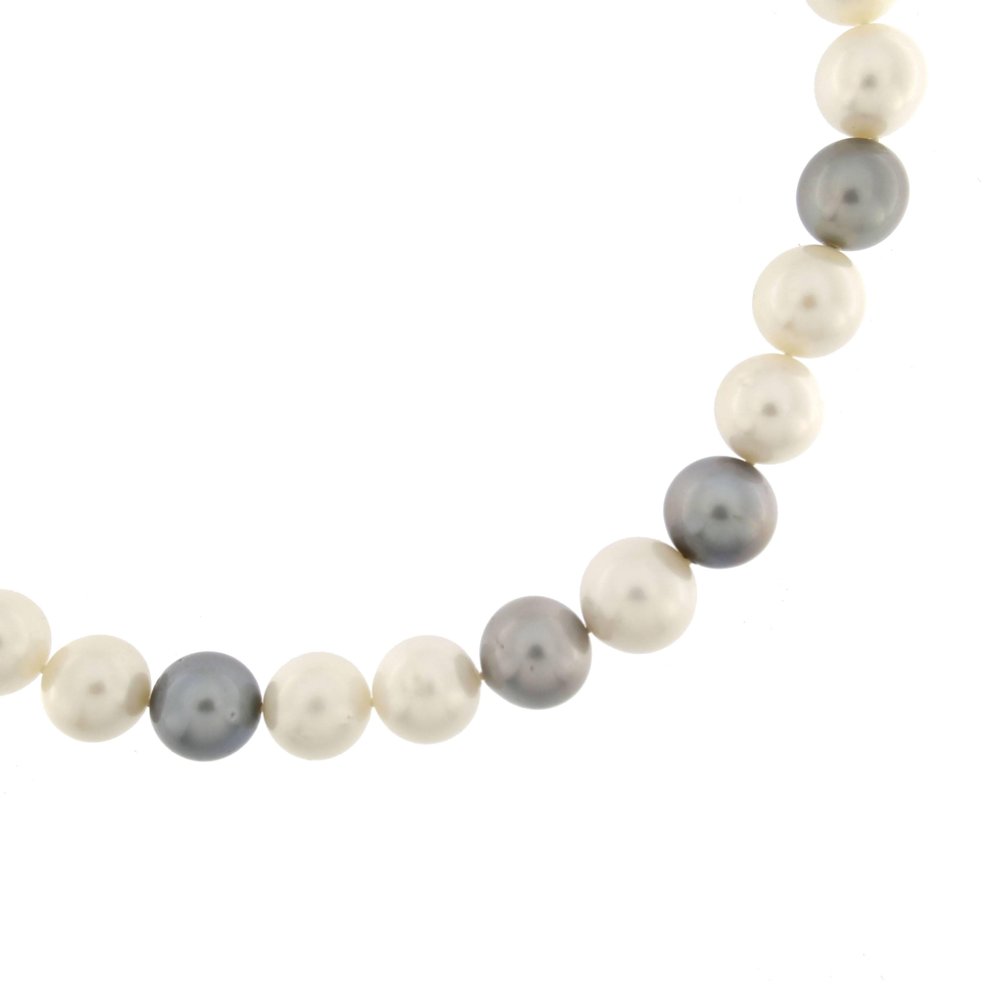 Long pearl necklace by Jona, composed by 47 South Sea pearls alternating with 20 light grey Tahiti pearls ranging from 11 to 13 mm ( 0.43 in-0.51 in) diameter, total length: 32.68 inch/83 cm), strung on a hand-knotted silk cord and secured by a