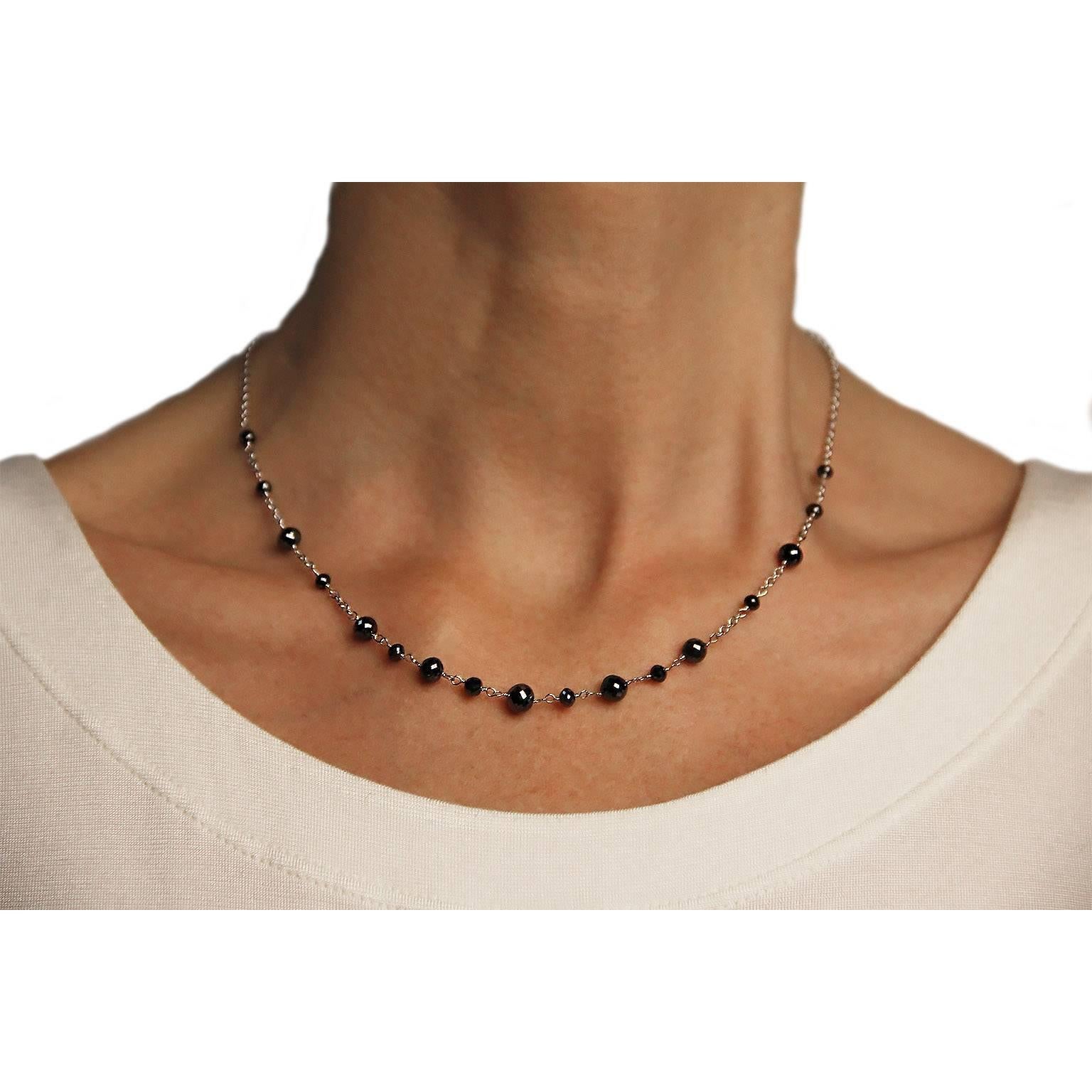 Jona design collection, hand crafted in Italy, 18 karat white gold, 18.11 in/46 cm long necklace with 17 briolette cut black diamonds weighing 14.10 carats in total.

All Jona jewelry is new and has never been previously owned or worn.

