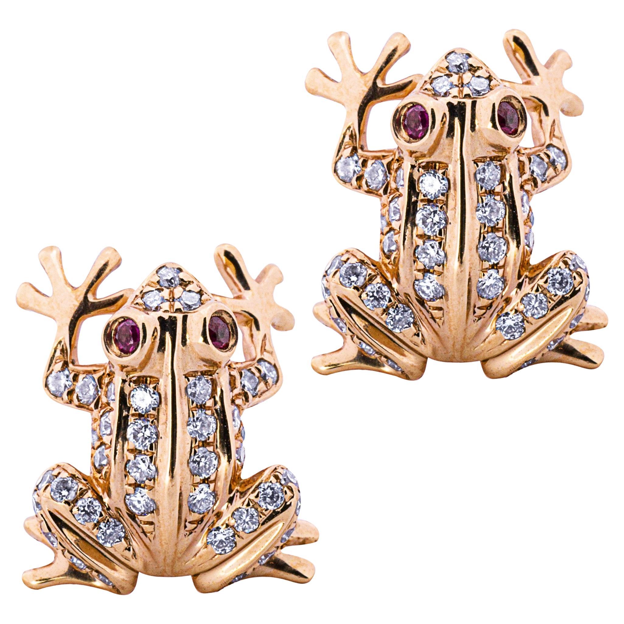 Alex Jona Ruby White Diamond 18 Karat Rose Gold Frog Earrings For Sale