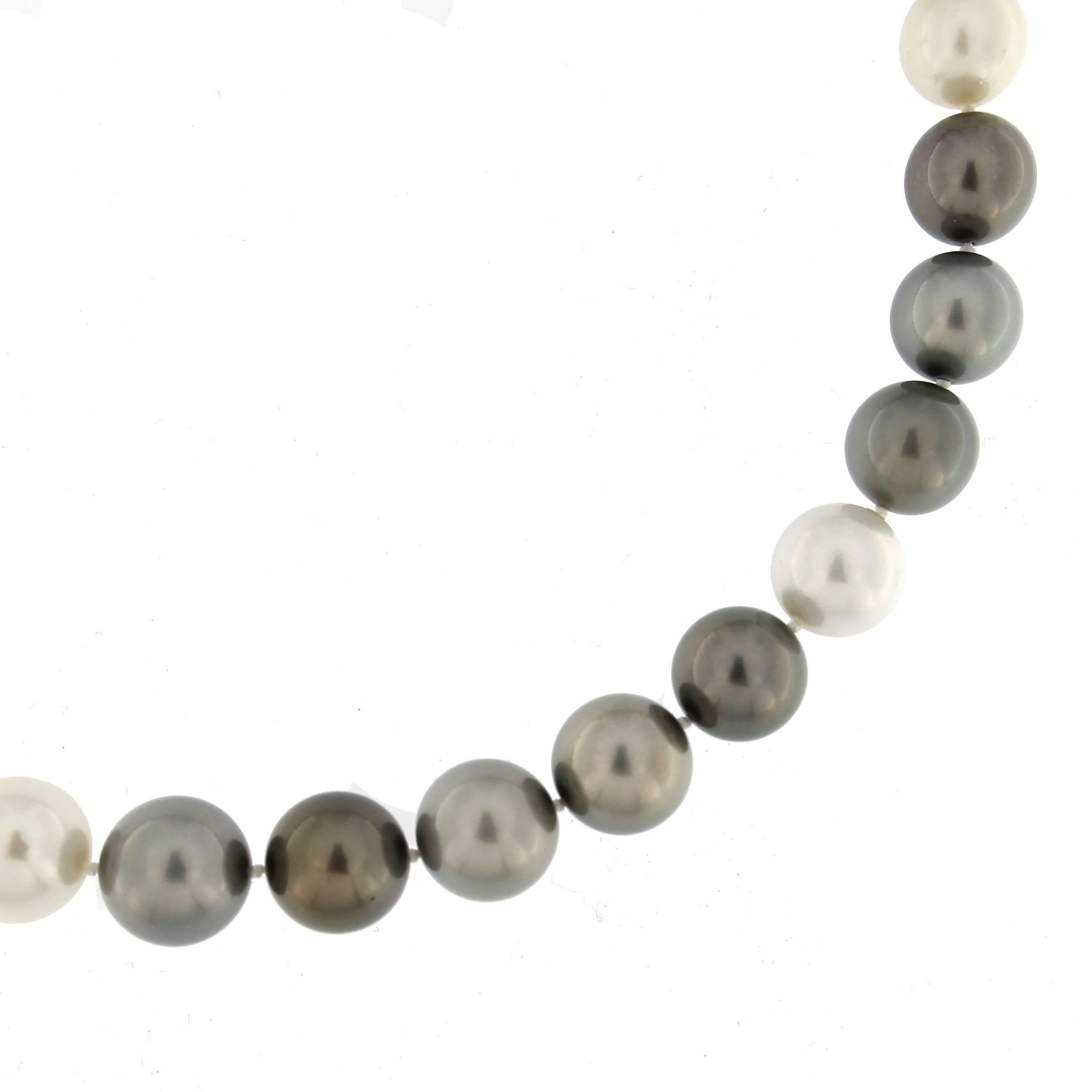 Jona collection, seventeen inch long necklace consisting of thirty three, 0.47 - 0.55 in.(11.9-13.9 mm ), white, light grey and black South Sea pearls, the pearls are strung with an invisible clasps .

Pearl Quality: AA
Pearl Luster: AA
The Origin