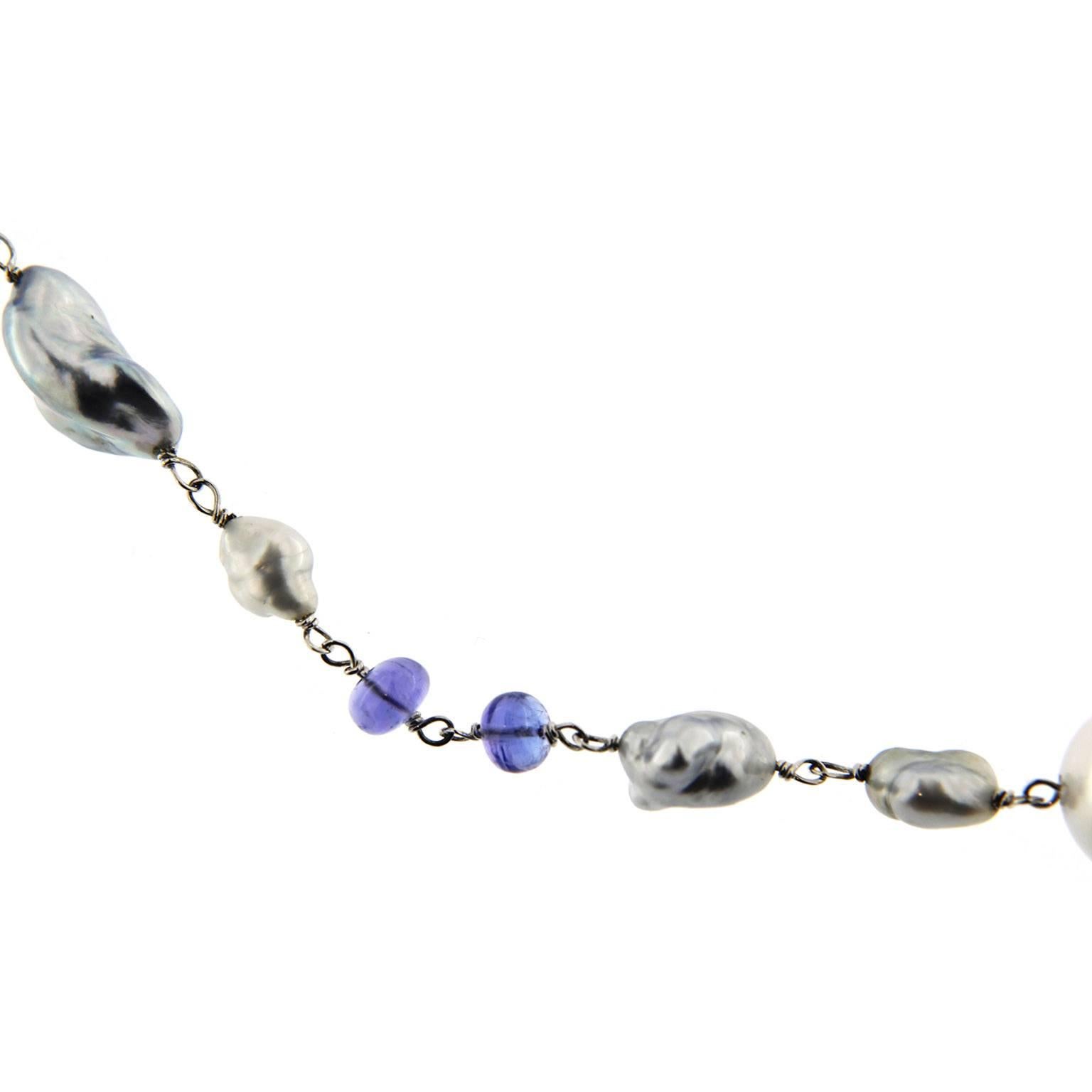 Jona Grey Keshi South Sea and Tanzanite 18 Karat White Gold Long Necklace 1