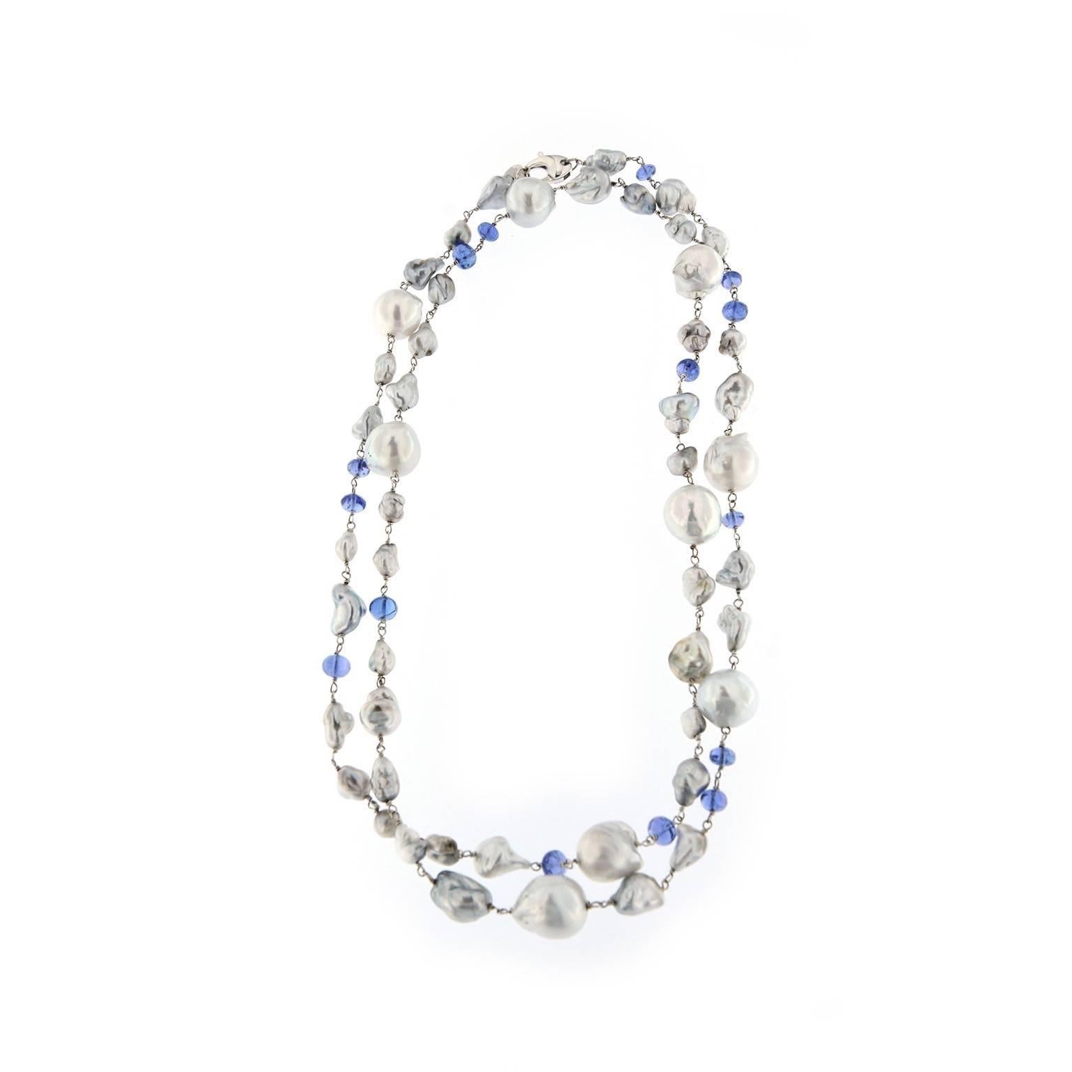 Jona Grey Keshi South Sea and Tanzanite 18 Karat White Gold Long Necklace (Rohschliff)