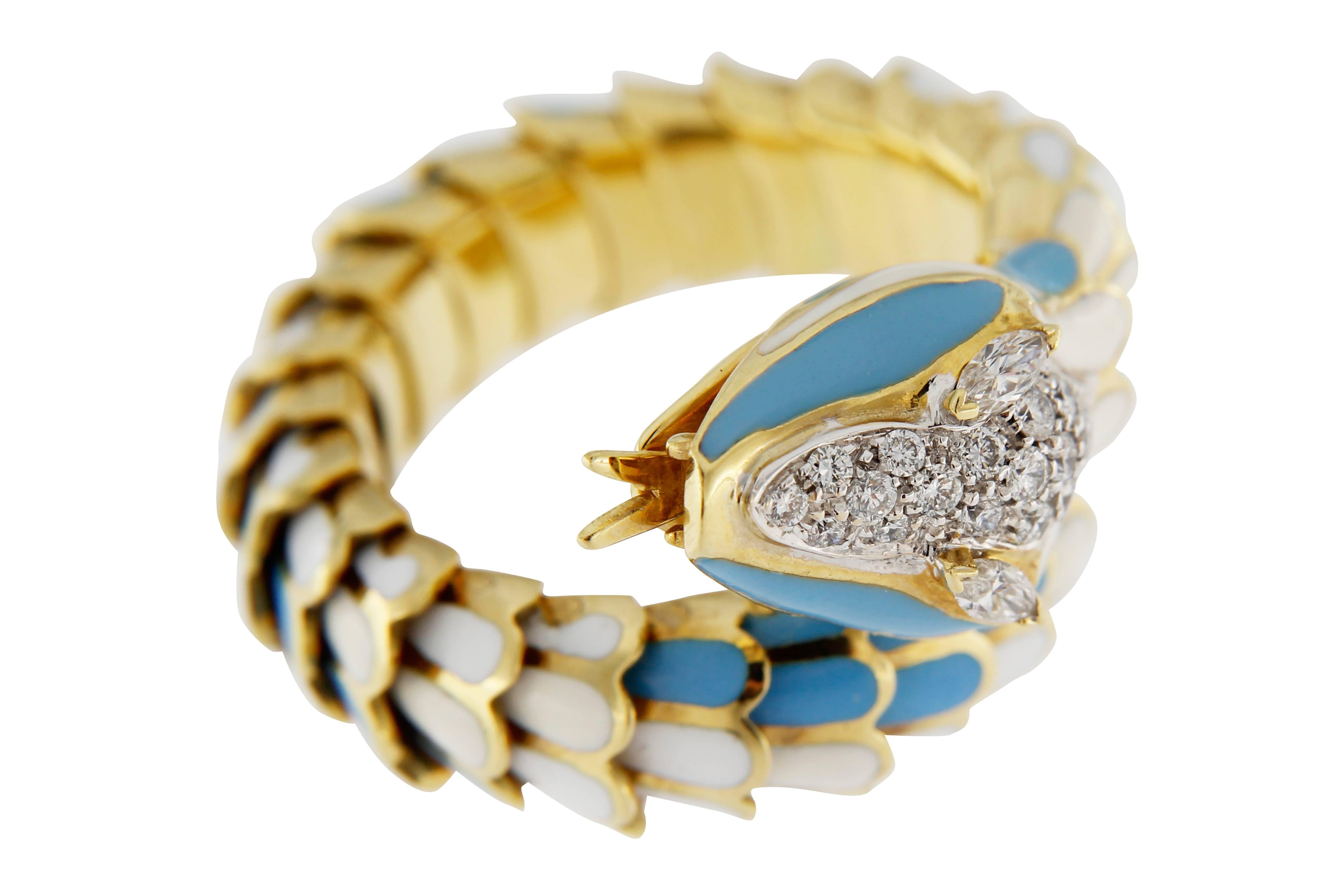 Jona Enamel White Diamond 18 Karat Yellow Gold Flexible Coil Snake Ring at  1stDibs | flexible snake ring