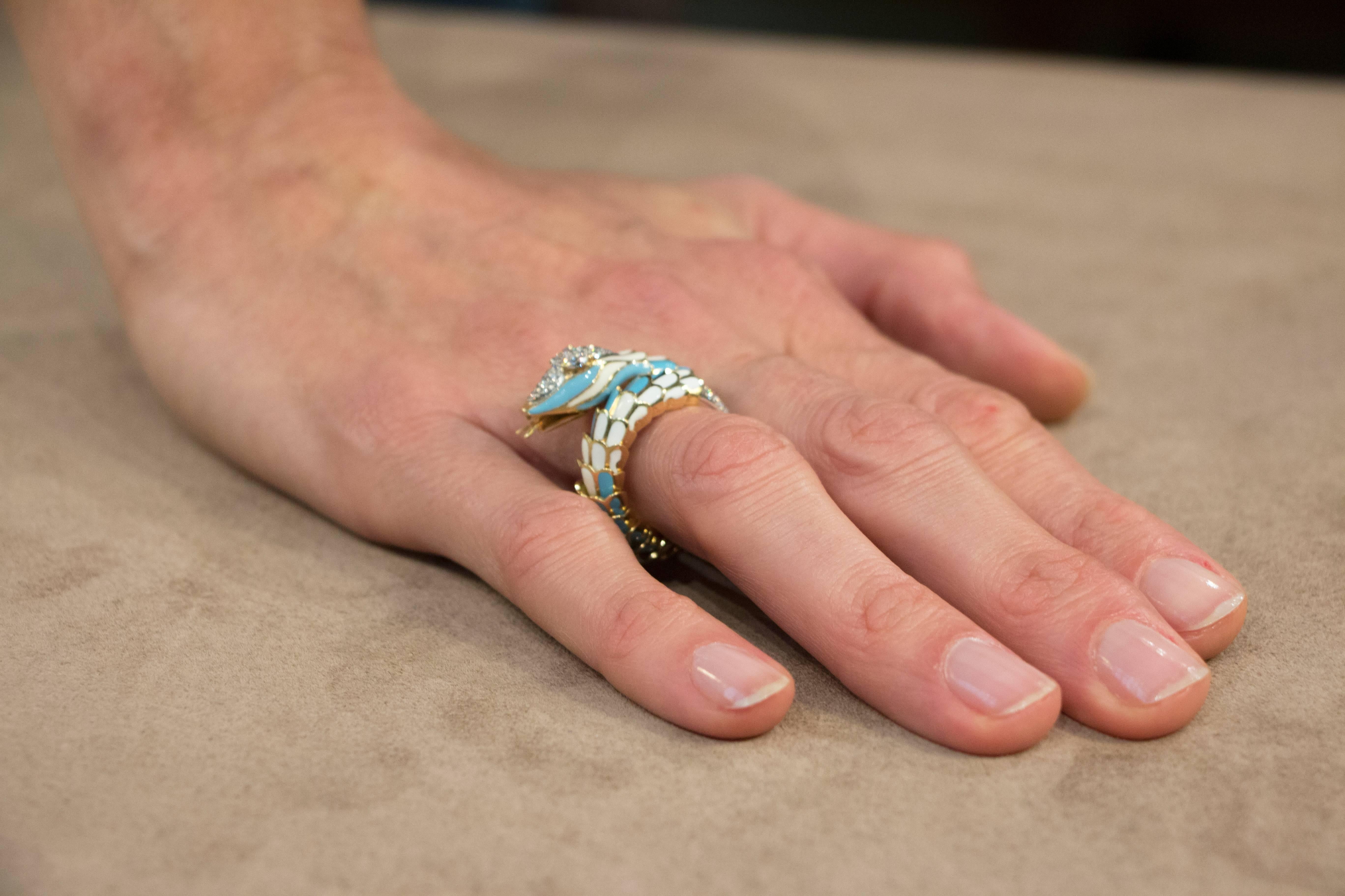 Women's Jona Enamel White Diamond 18 Karat Yellow Gold Flexible Coil Snake Ring
