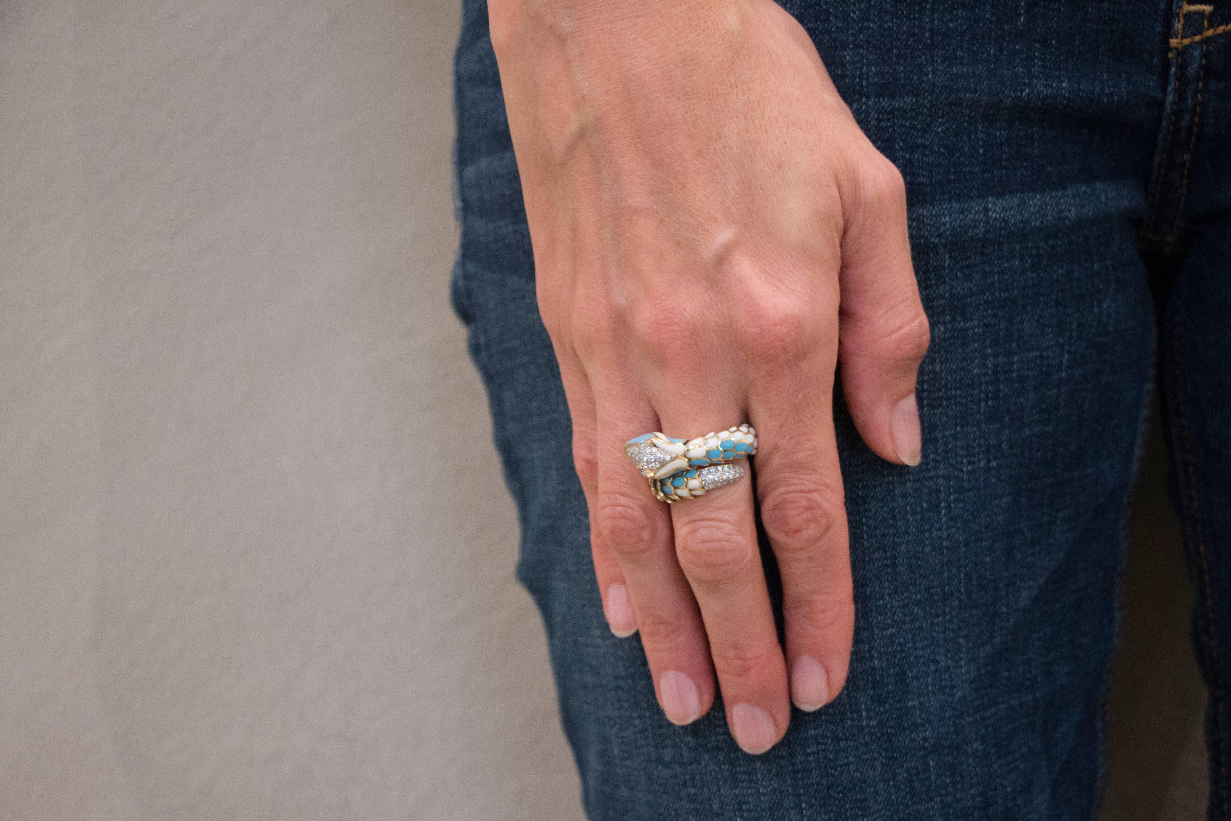 Jona Emaille Weißer Diamant 18 Karat Gelbgold Flexibler Schlangenring 4
