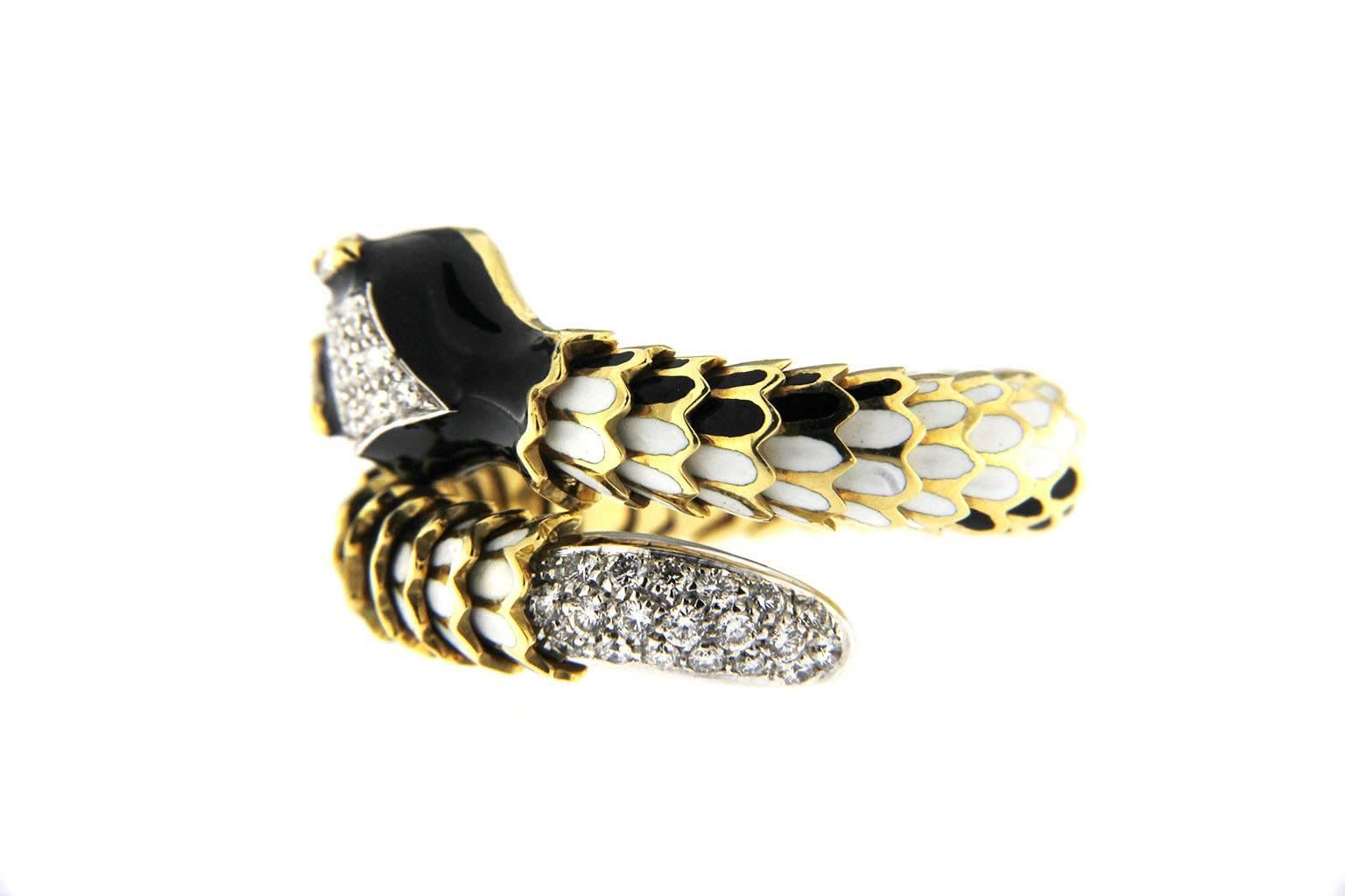 Contemporary Jona Black Enamel White Diamond 18 Karat Yellow Gold Flexible Coil Snake Ring